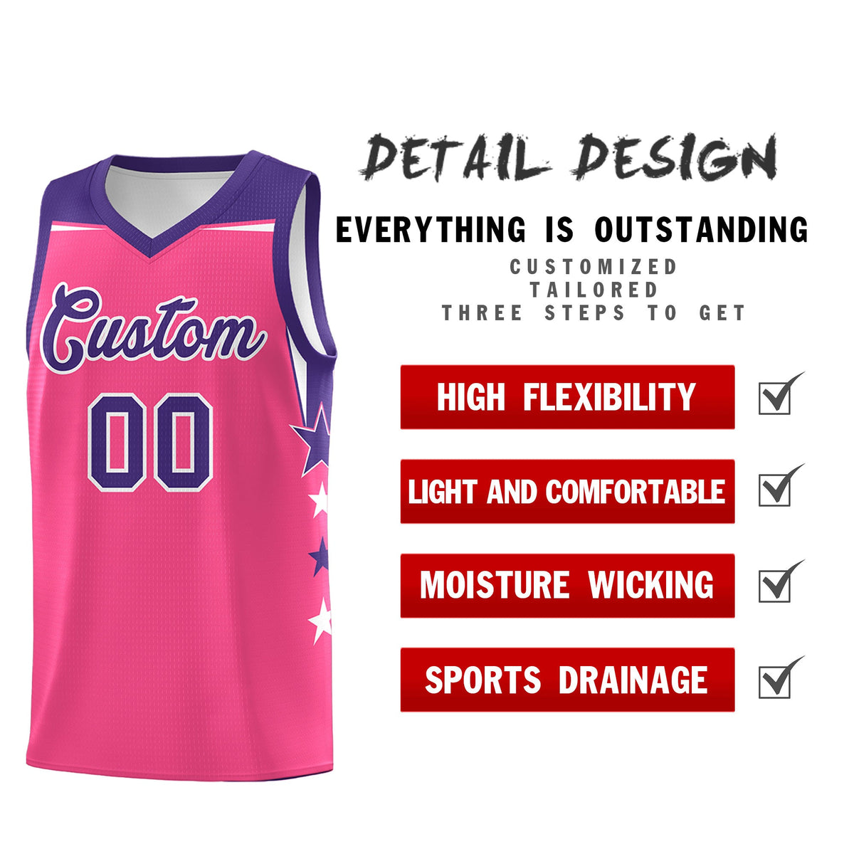 Custom Youth Basketball Uniform Pink Purple Two Tone Side Star Add Name Number &amp; Logo