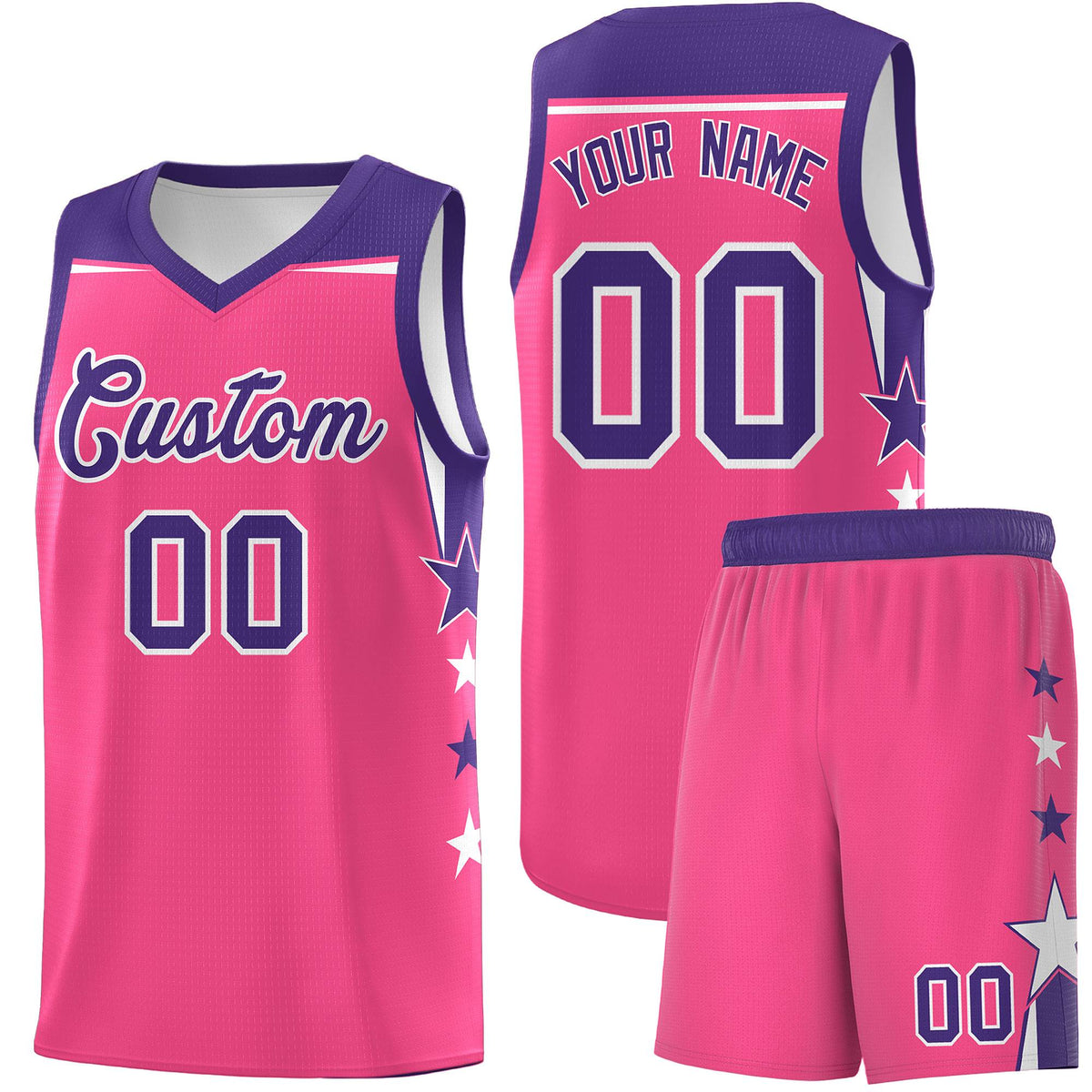 Custom Youth Basketball Uniform Pink Purple Two Tone Side Star Add Name Number &amp; Logo