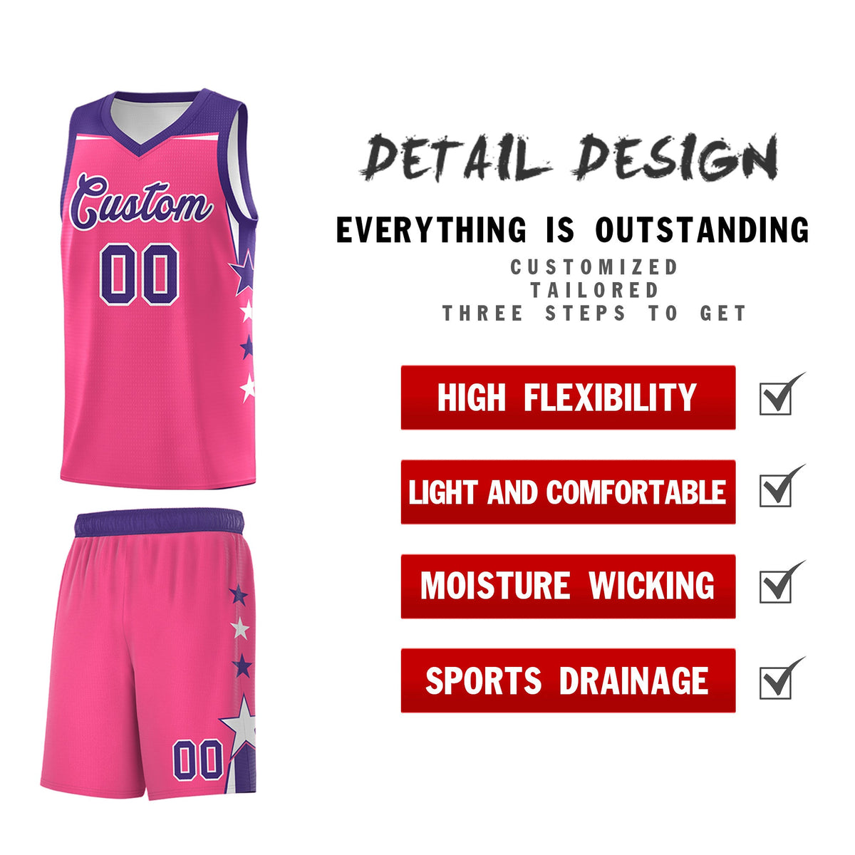 Custom Youth Basketball Uniform Pink Purple Two Tone Side Star Add Name Number &amp; Logo