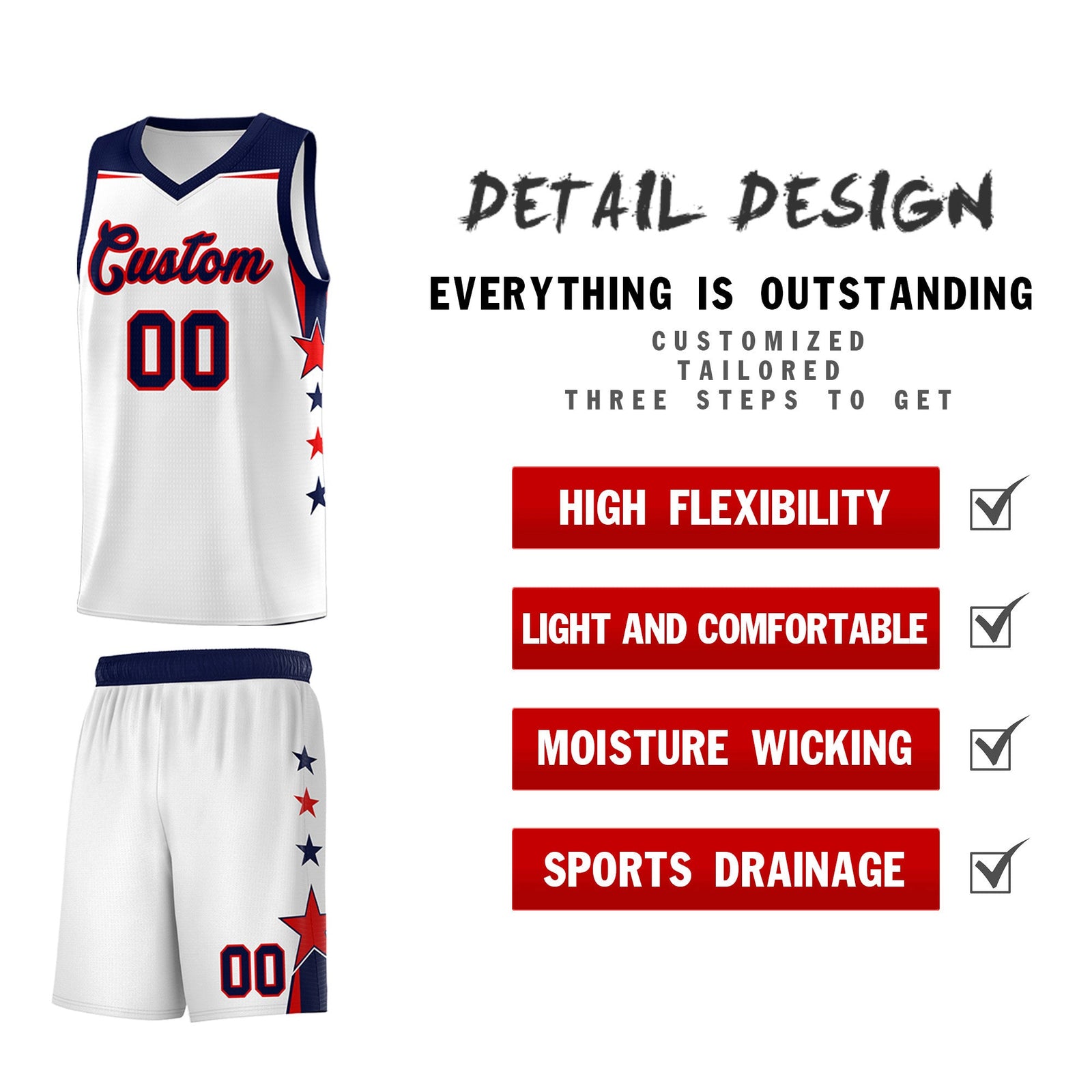 Custom Youth Basketball Uniform White Navy Two Tone Side Star Color Block Team Jersey