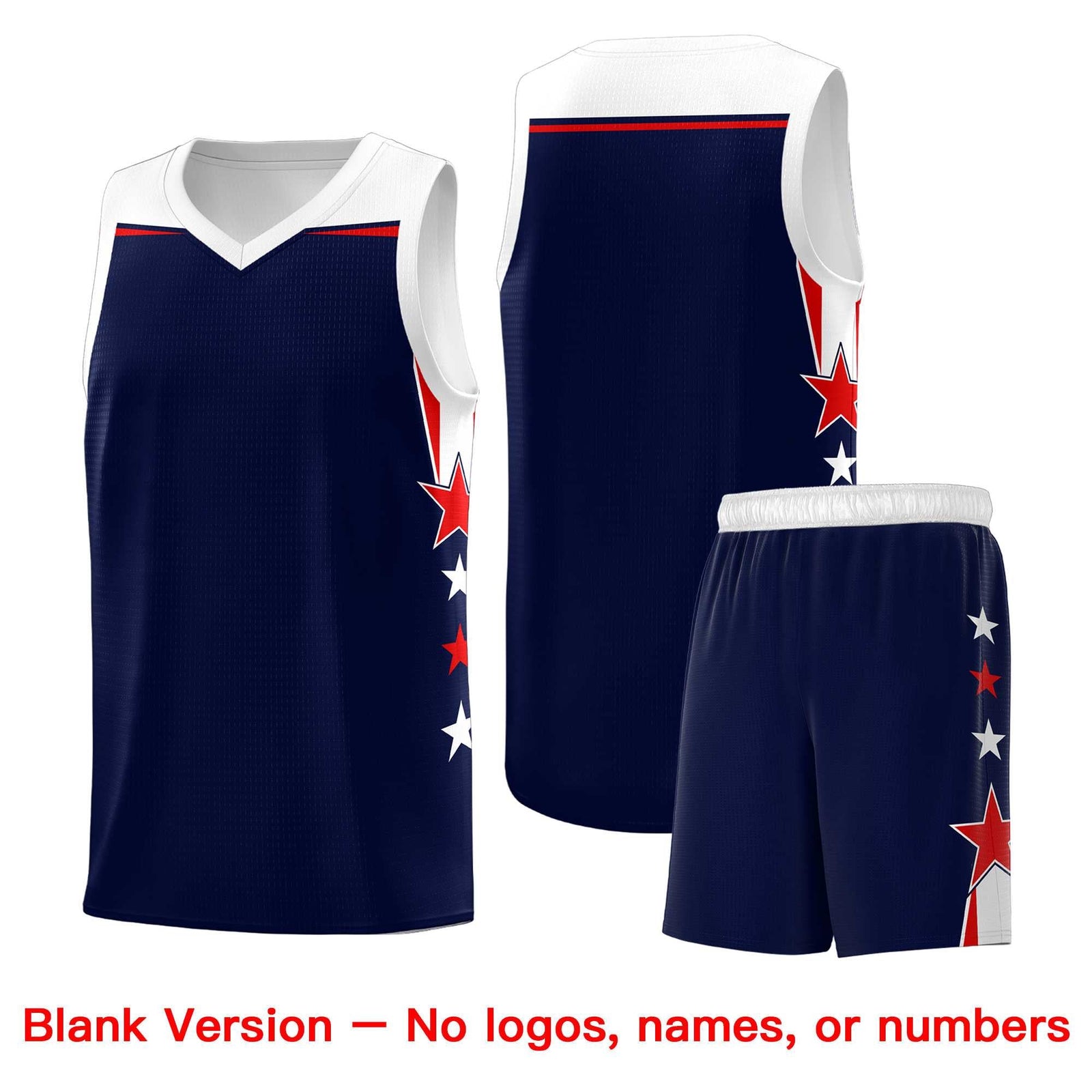 Custom Youth Basketball Uniform Navy White Two Tone Side Star Add Name Number & Logo