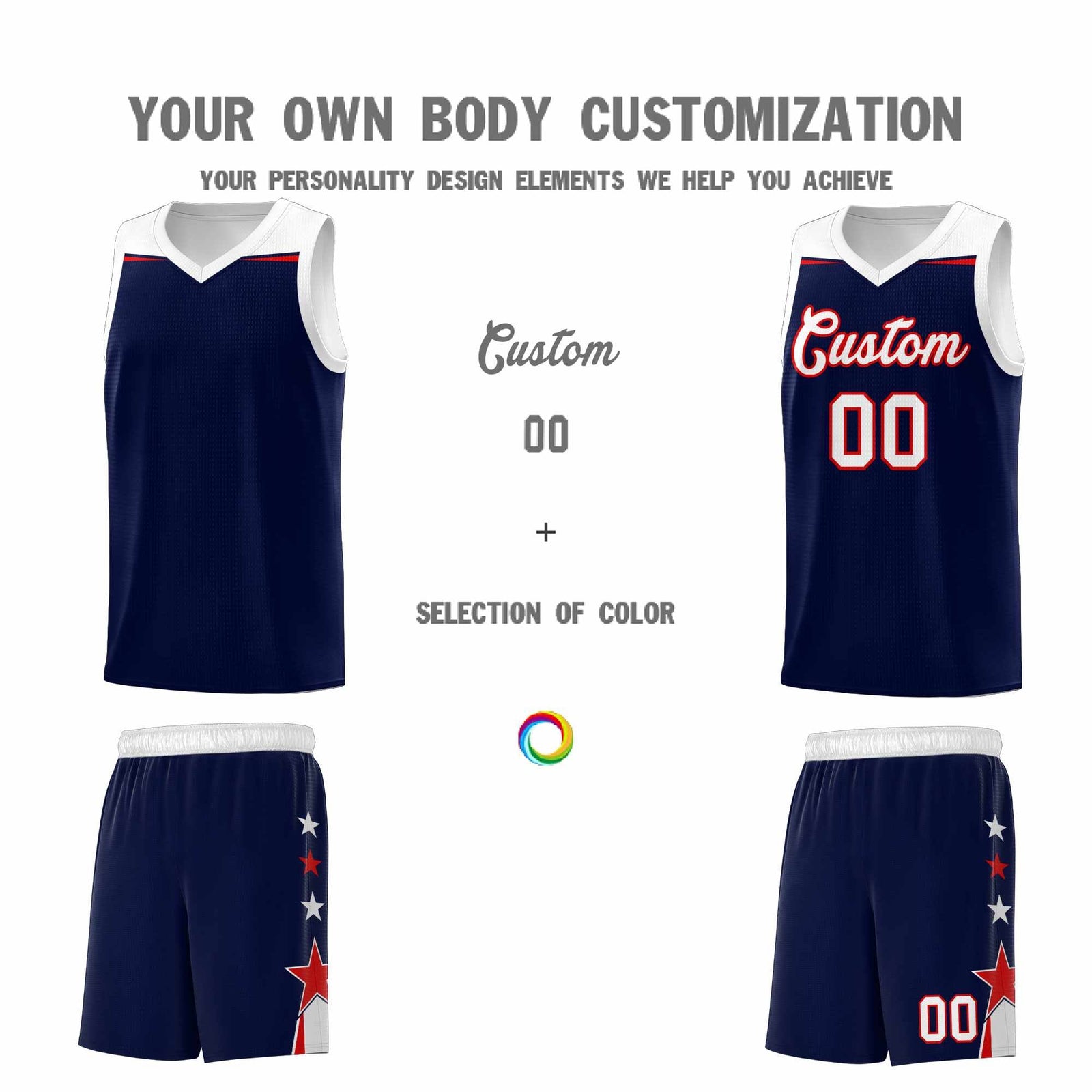 Custom Youth Basketball Uniform Navy White Two Tone Side Star Add Name Number & Logo
