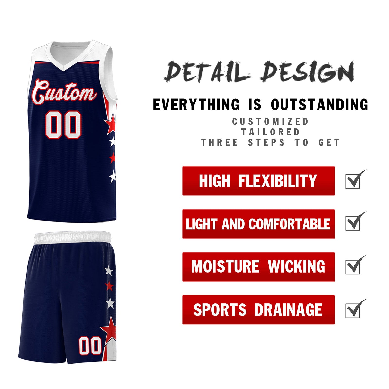 Custom Youth Basketball Uniform Navy White Two Tone Side Star Add Name Number & Logo