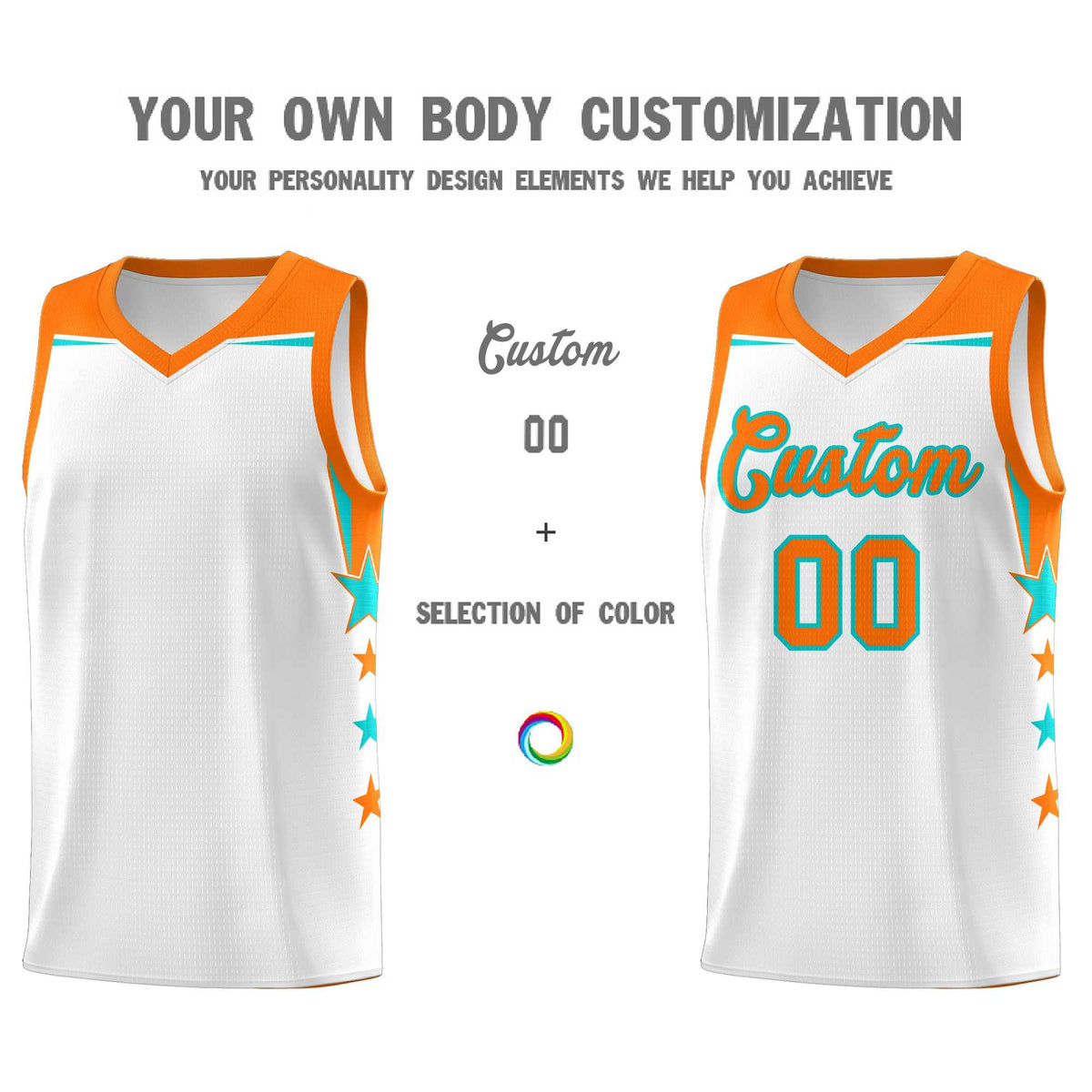 Custom Youth Basketball Uniform White Orange Two Tone Side Star Color Block Team Jersey