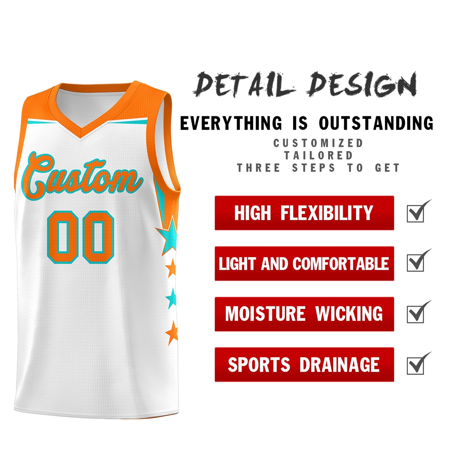 Custom Youth Basketball Uniform White Orange Two Tone Side Star Color Block Team Jersey