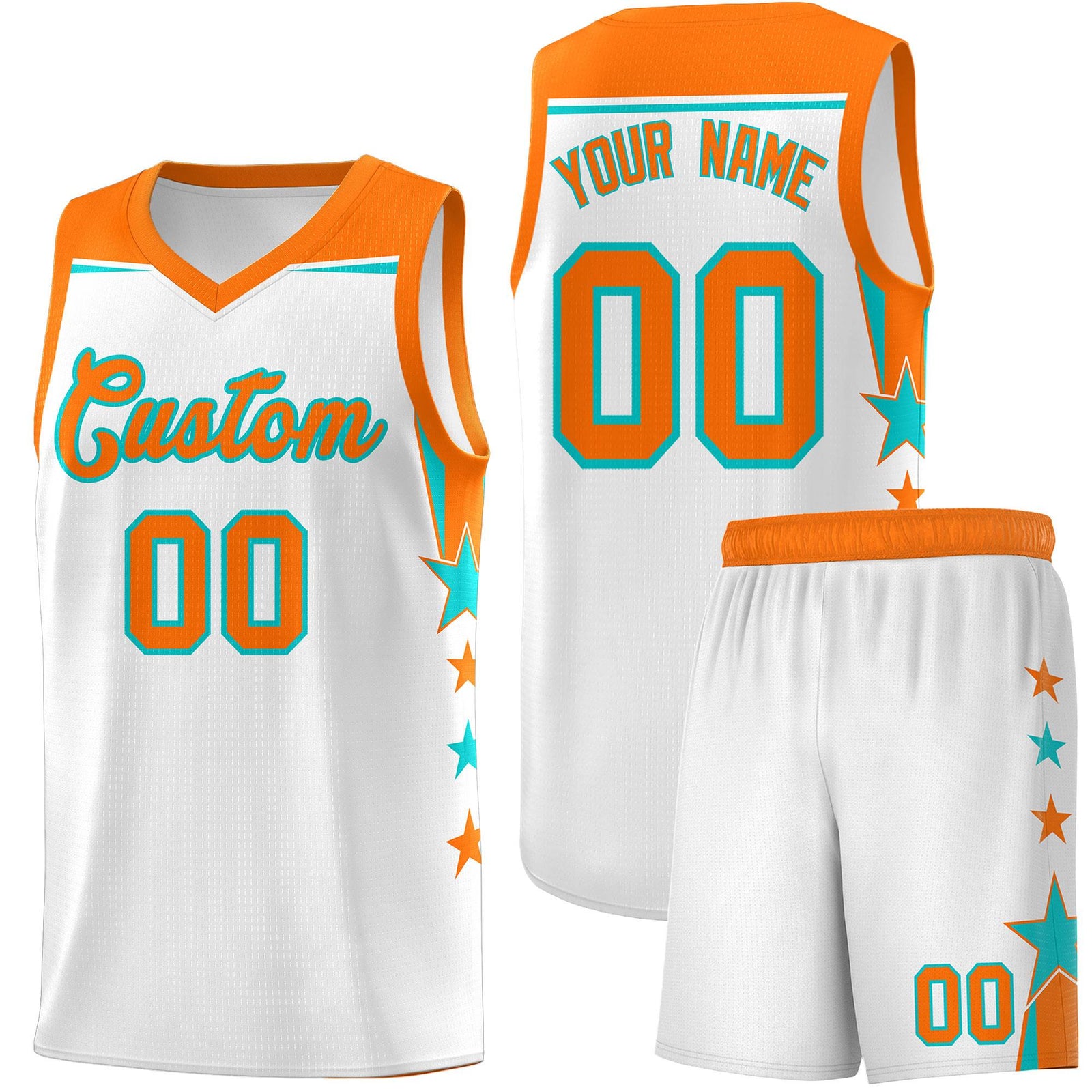 Custom Youth Basketball Uniform White Orange Two Tone Side Star Color Block Team Jersey