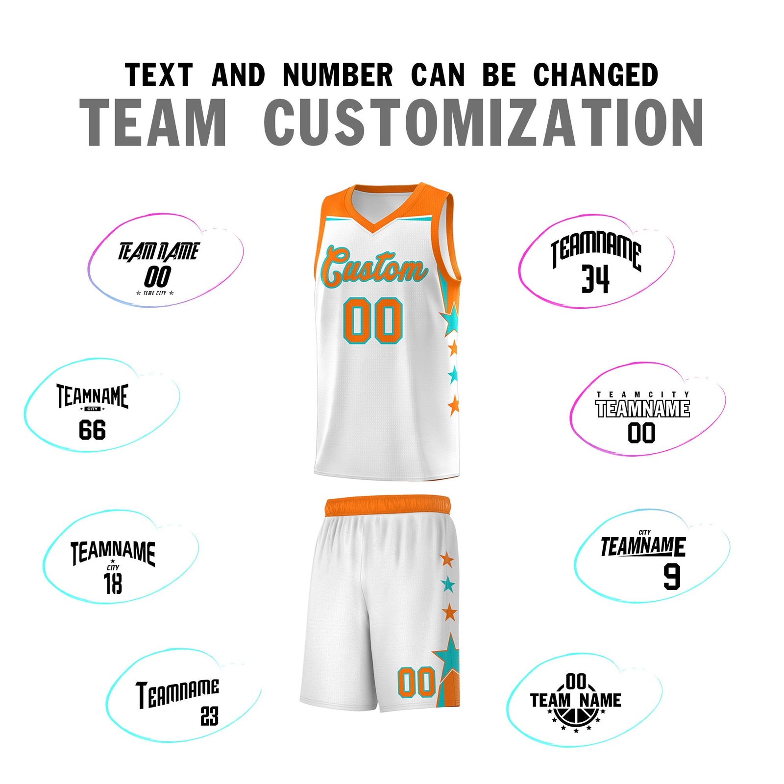 Custom Youth Basketball Uniform White Orange Two Tone Side Star Color Block Team Jersey