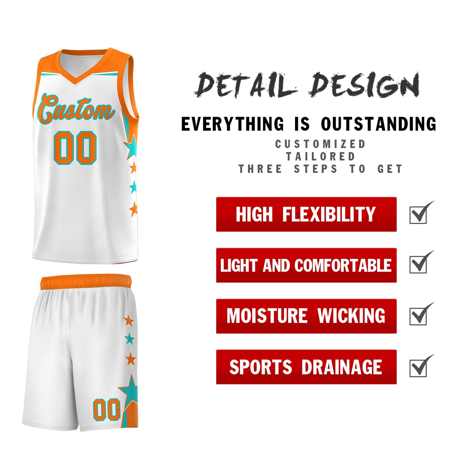 Custom Youth Basketball Uniform White Orange Two Tone Side Star Color Block Team Jersey