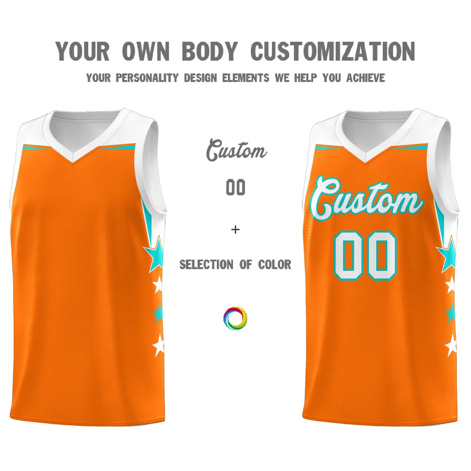 Custom Youth Basketball Uniform Orange White Two Tone Side Star Add Name Number & Logo
