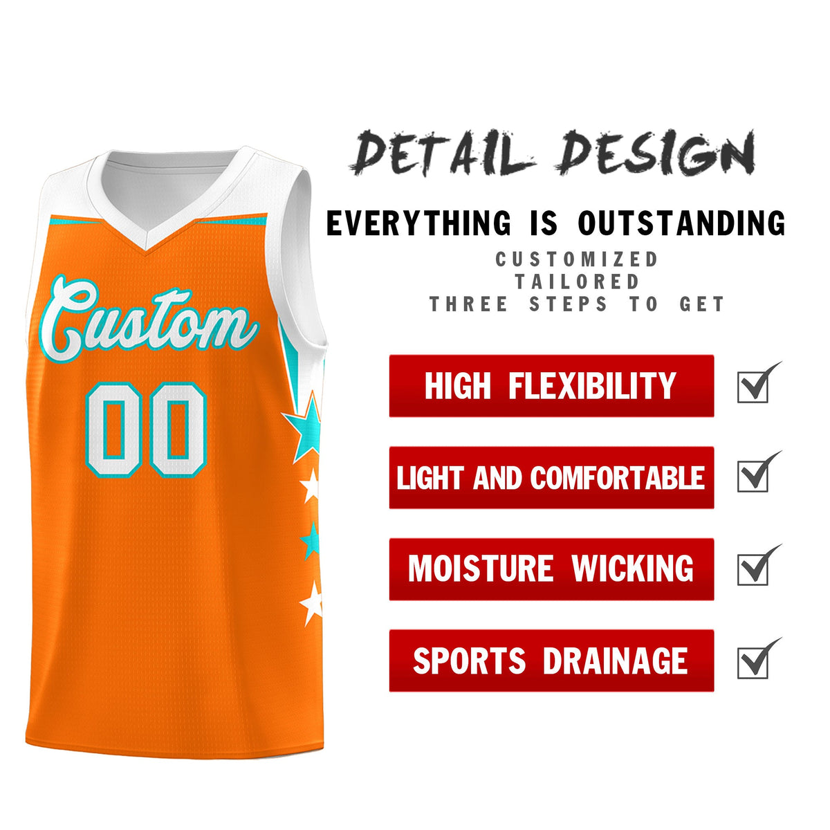Custom Youth Basketball Uniform Orange White Two Tone Side Star Add Name Number &amp; Logo