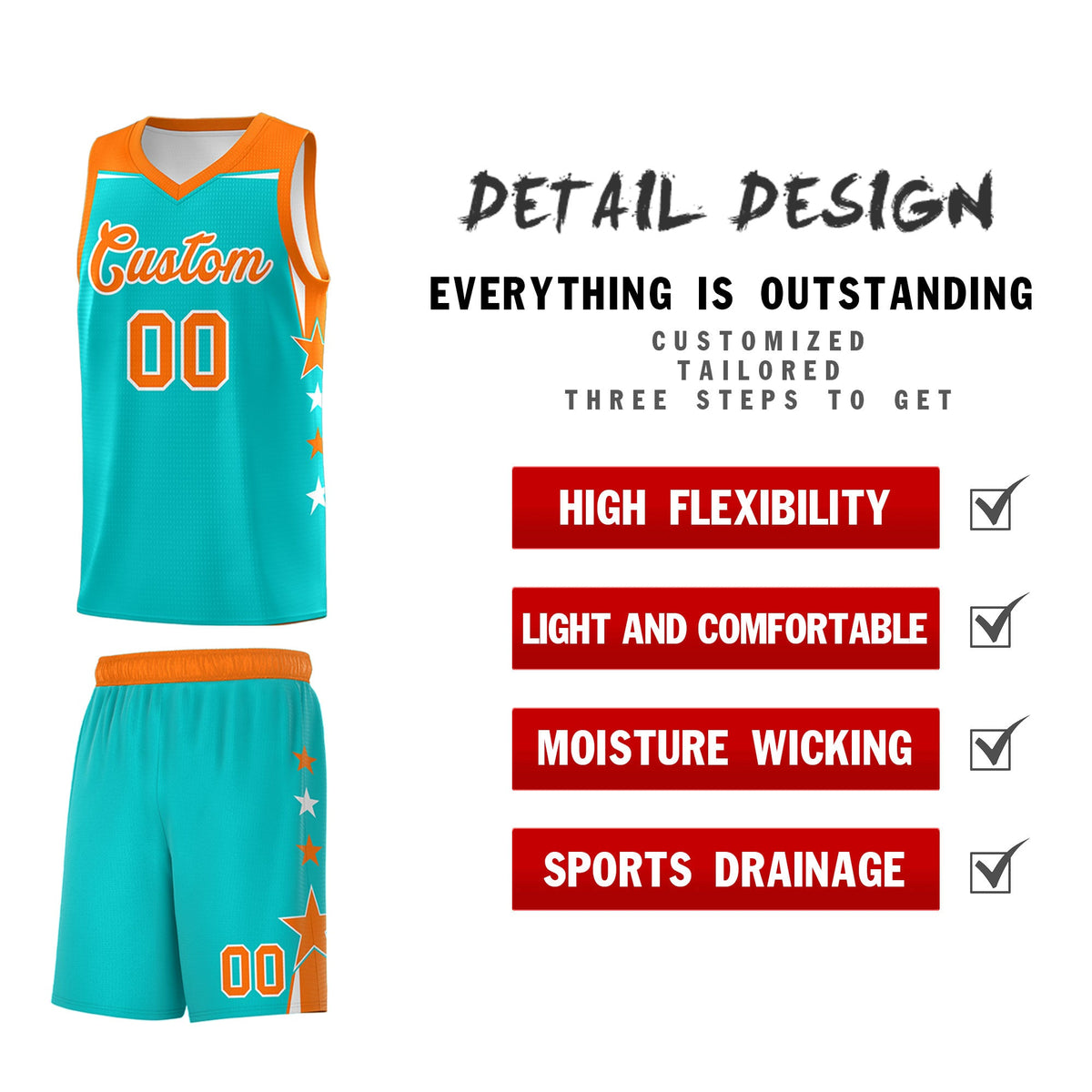 Custom Youth Basketball Uniform Aqua Orange Two Tone Side Star Personalized Team Jersey