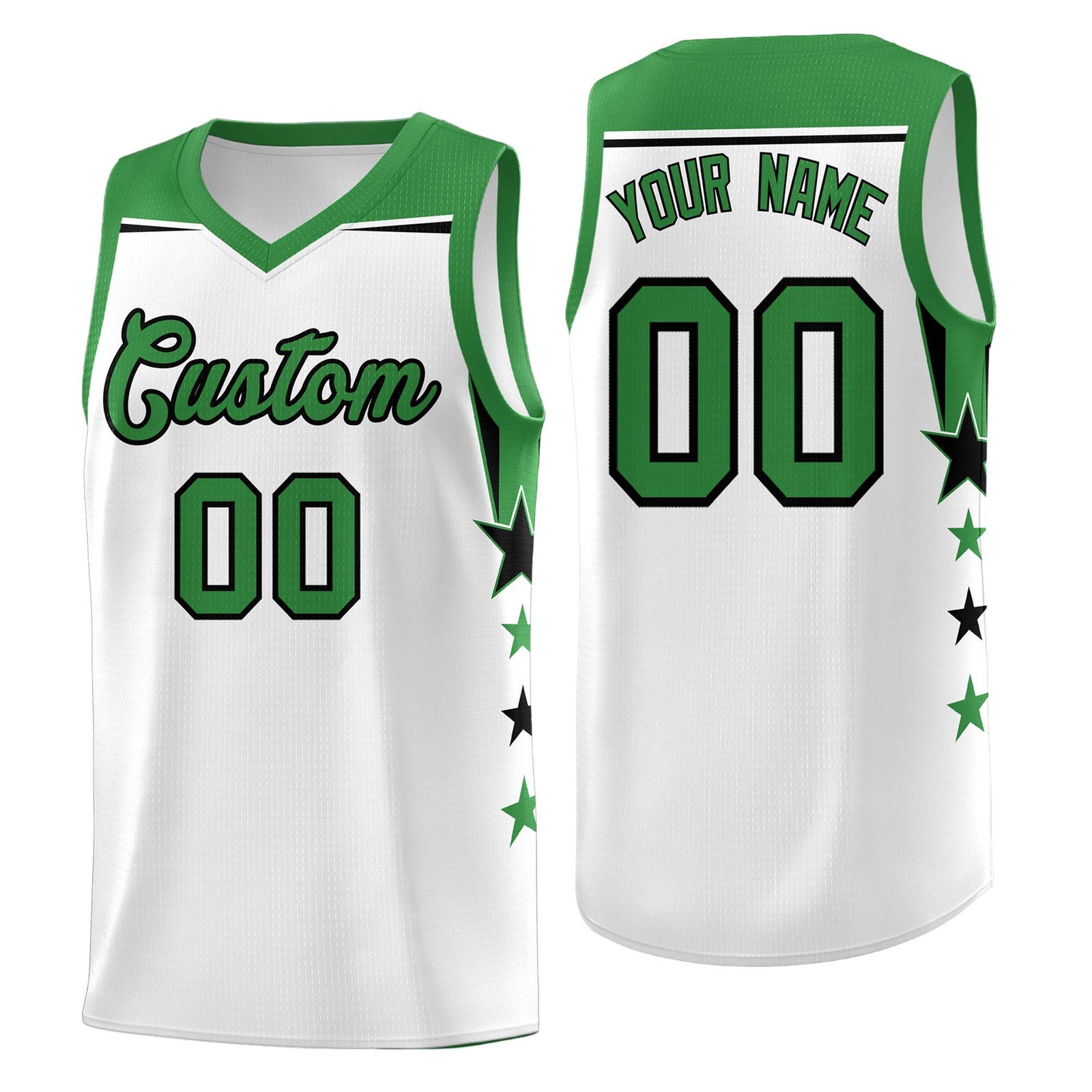 Custom Youth Basketball Uniform White Kelly Green Two Tone Side Star Color Block Team Jersey