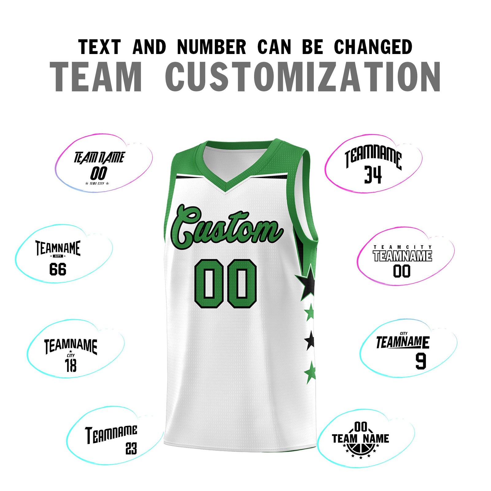 Custom Youth Basketball Uniform White Kelly Green Two Tone Side Star Color Block Team Jersey