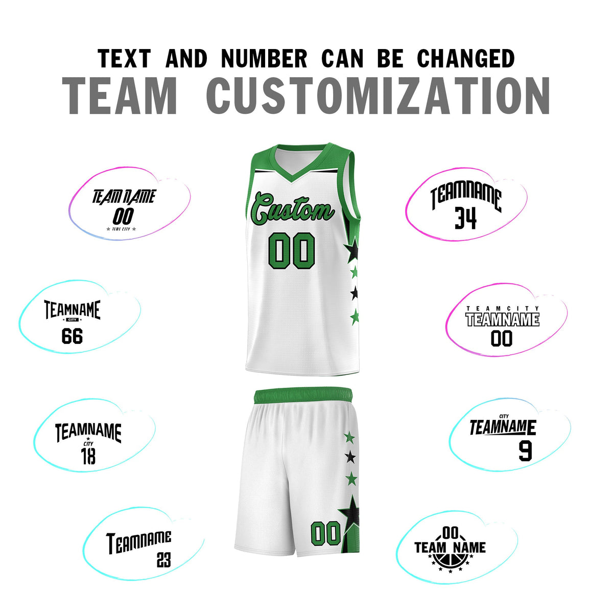 Custom Youth Basketball Uniform White Kelly Green Two Tone Side Star Color Block Team Jersey
