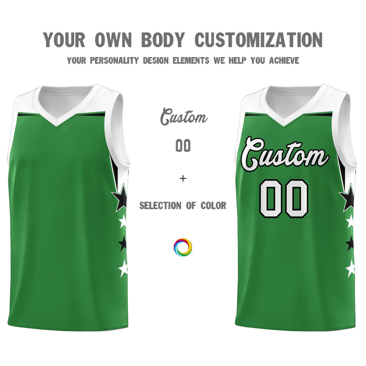 Custom Youth Basketball Uniform Kelly Green White Two Tone Side Star Add Name Number &amp; Logo