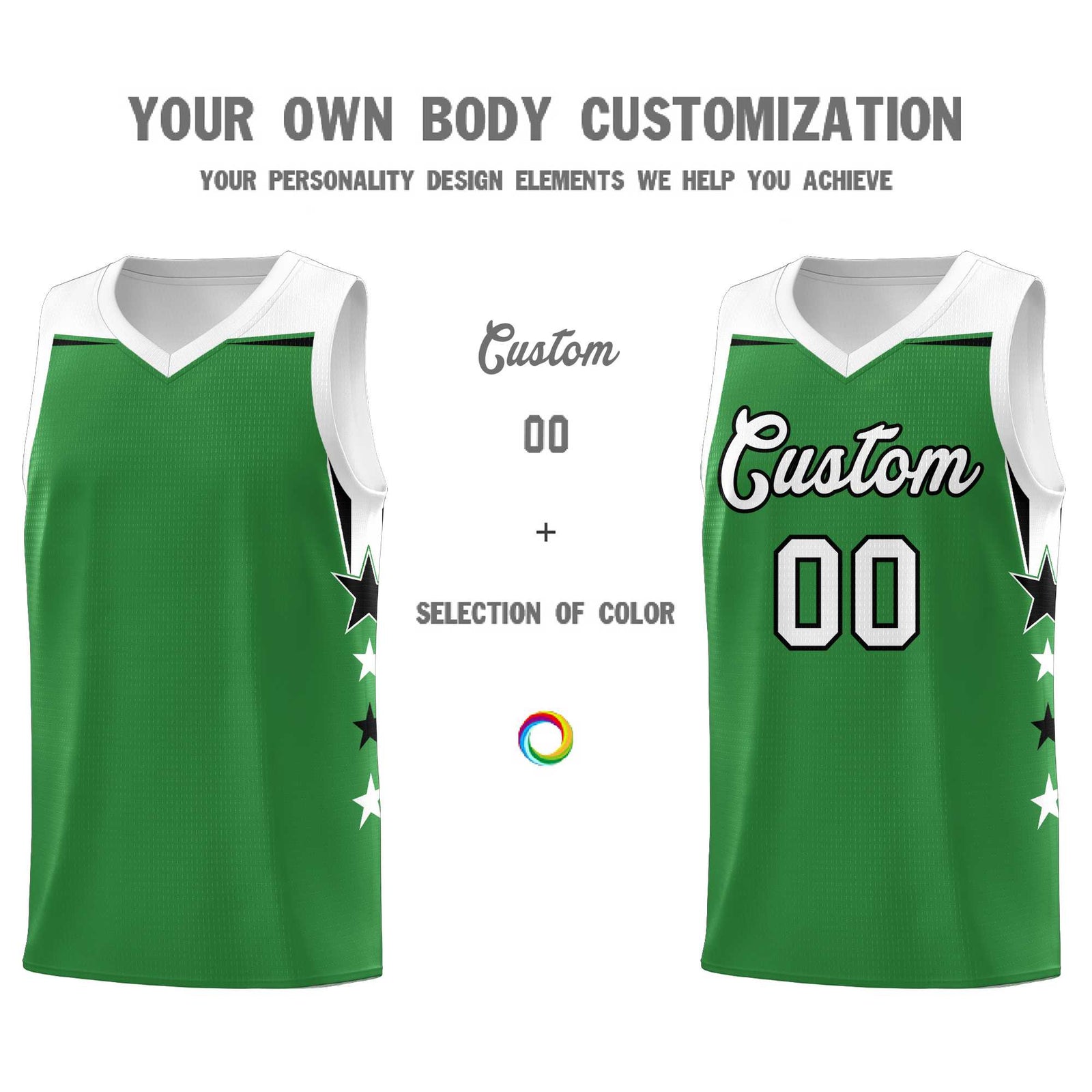 Custom Youth Basketball Uniform Kelly Green White Two Tone Side Star Add Name Number & Logo
