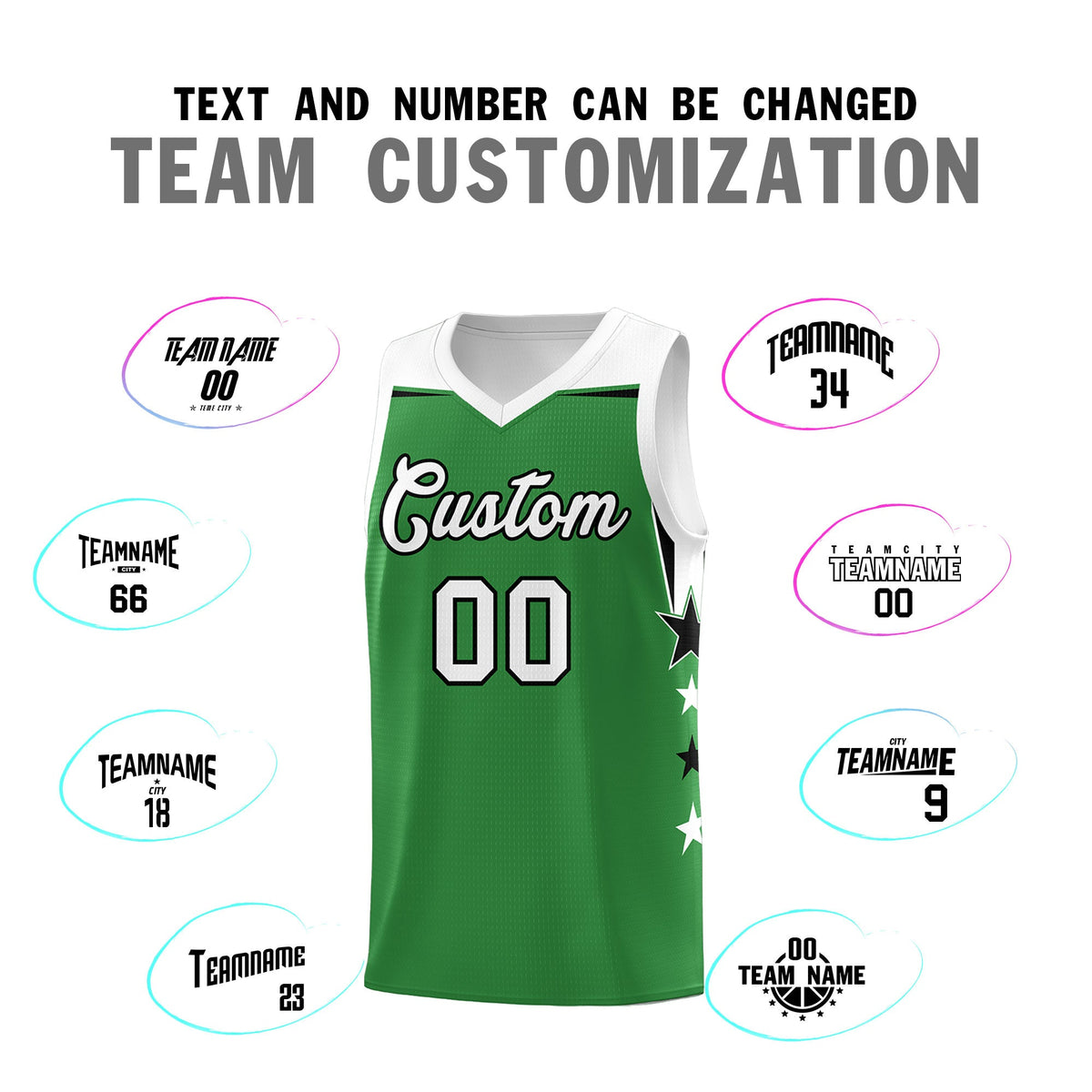 Custom Youth Basketball Uniform Kelly Green White Two Tone Side Star Add Name Number &amp; Logo