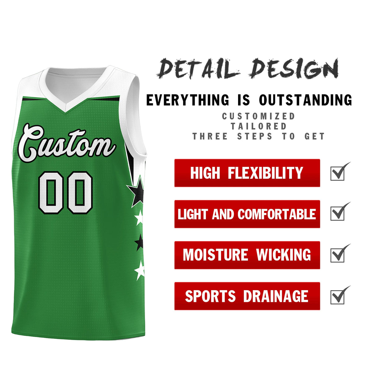 Custom Youth Basketball Uniform Kelly Green White Two Tone Side Star Add Name Number &amp; Logo