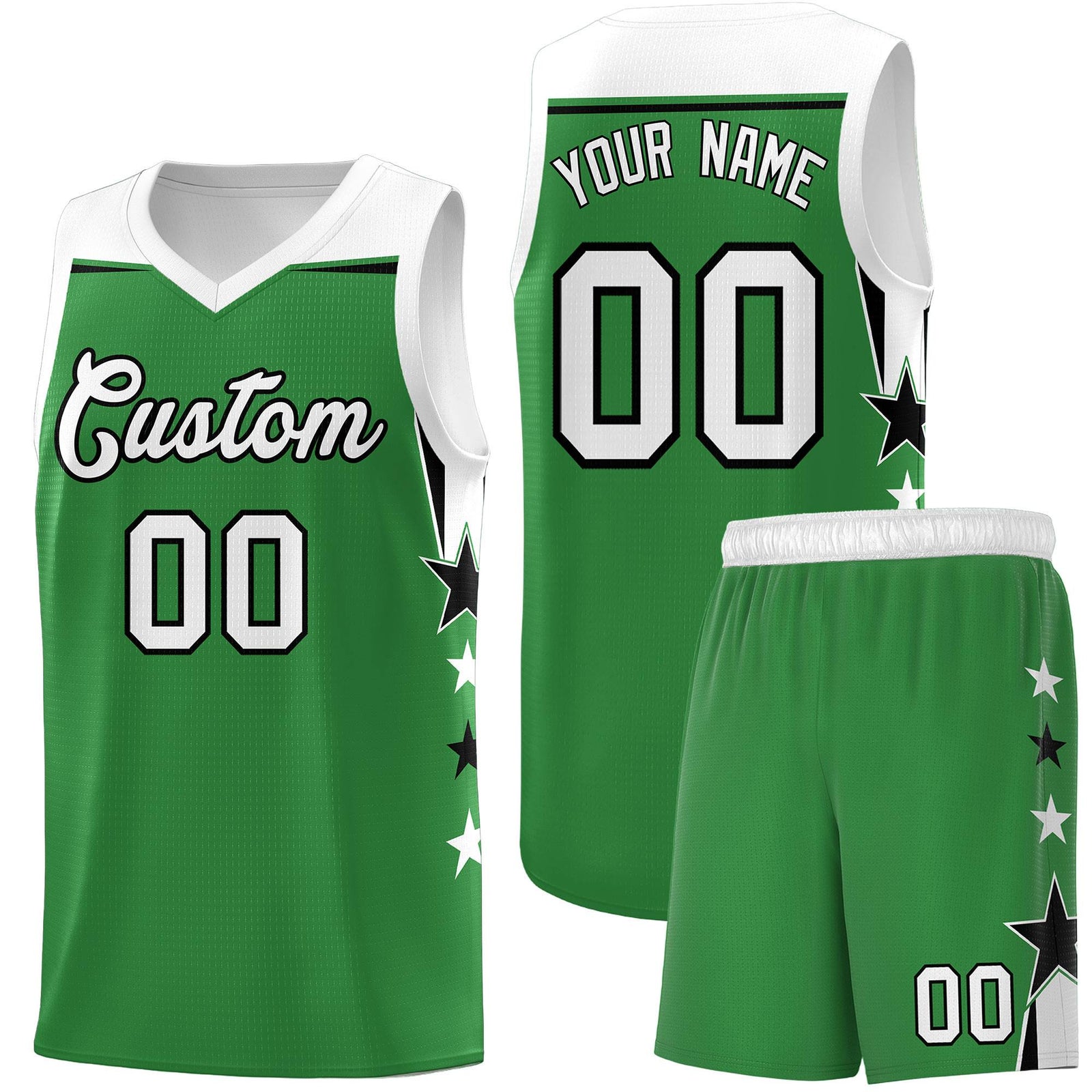 Custom Youth Basketball Uniform Kelly Green White Two Tone Side Star Add Name Number & Logo