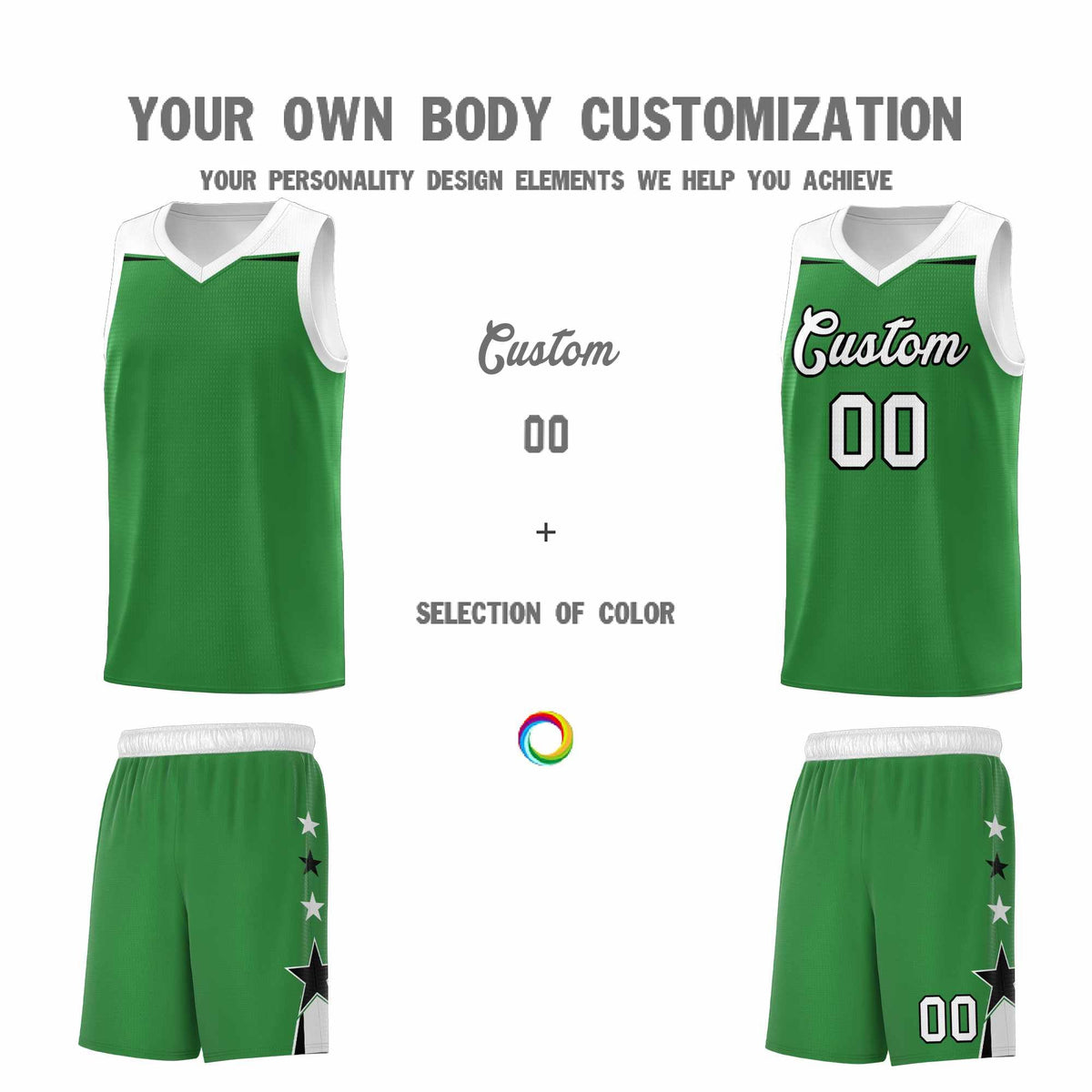 Custom Youth Basketball Uniform Kelly Green White Two Tone Side Star Add Name Number &amp; Logo