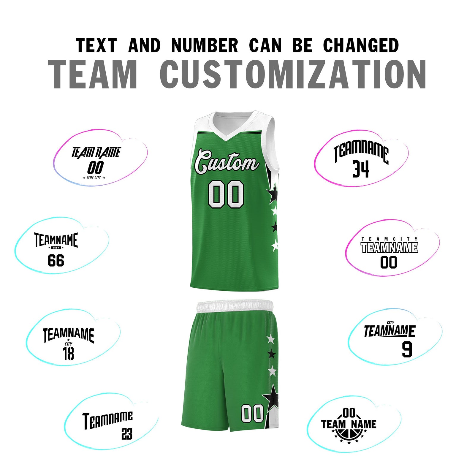 Custom Youth Basketball Uniform Kelly Green White Two Tone Side Star Add Name Number & Logo