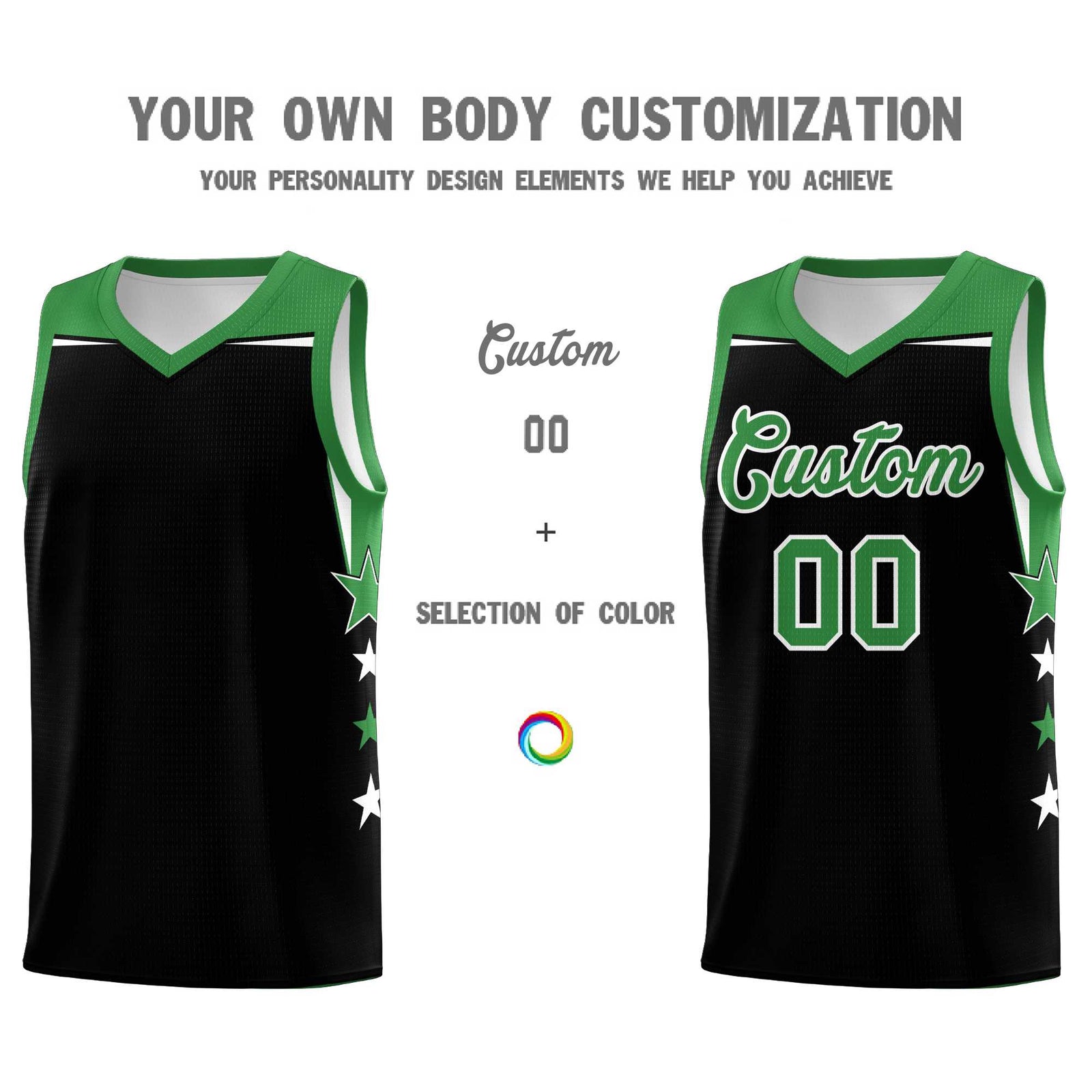 Custom Youth Basketball Uniform Black Kelly Green Two Tone Side Star Personalized Team Jersey