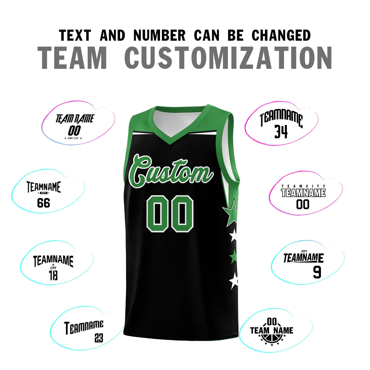 Custom Youth Basketball Uniform Black Kelly Green Two Tone Side Star Personalized Team Jersey