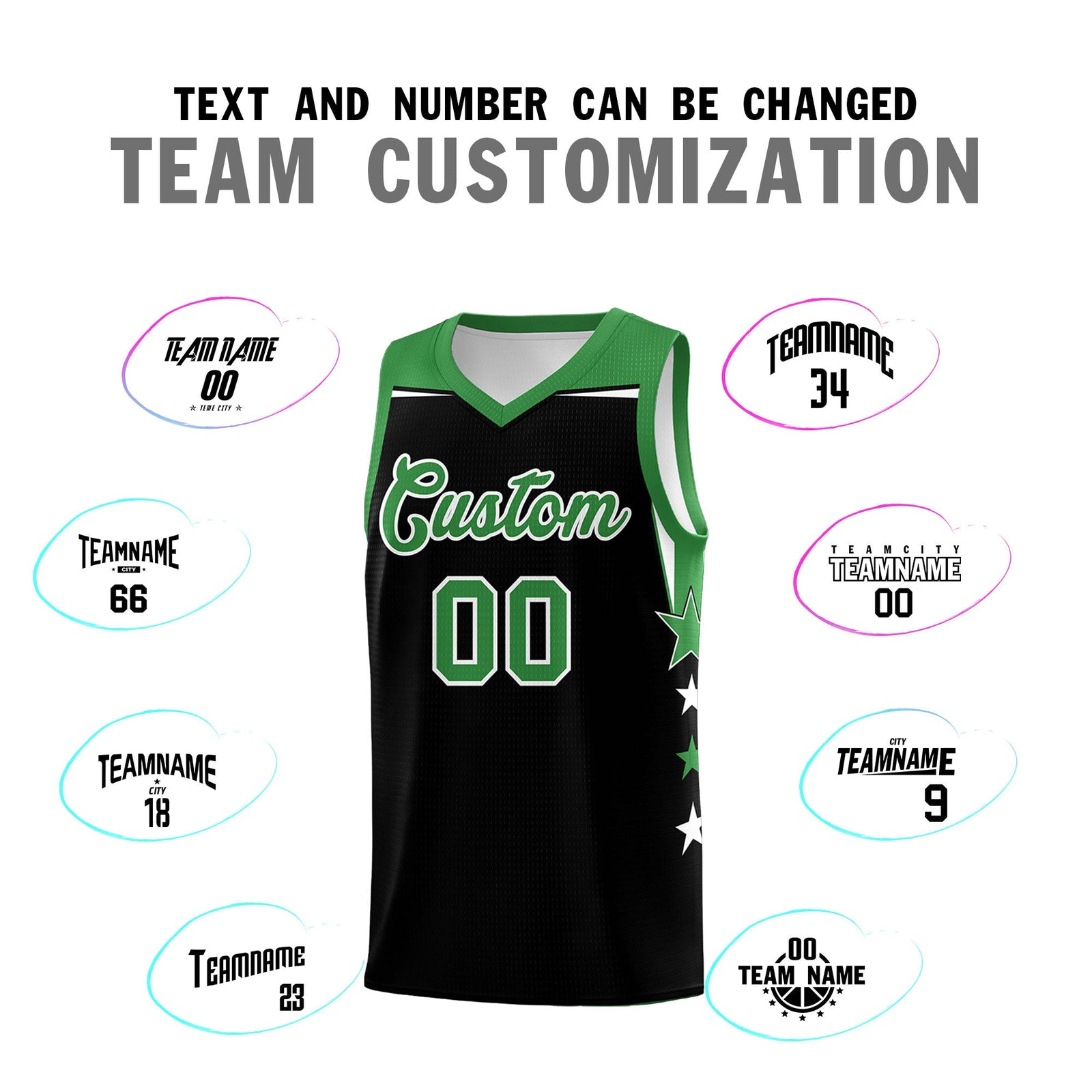 Custom Youth Basketball Uniform Black Kelly Green Two Tone Side Star Personalized Team Jersey