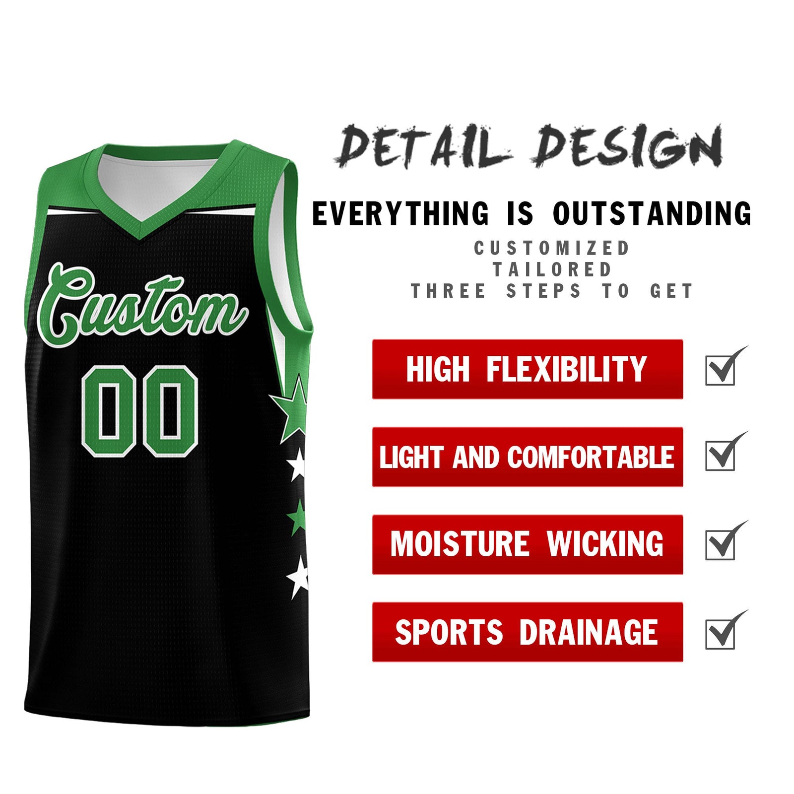 Custom Youth Basketball Uniform Black Kelly Green Two Tone Side Star Personalized Team Jersey