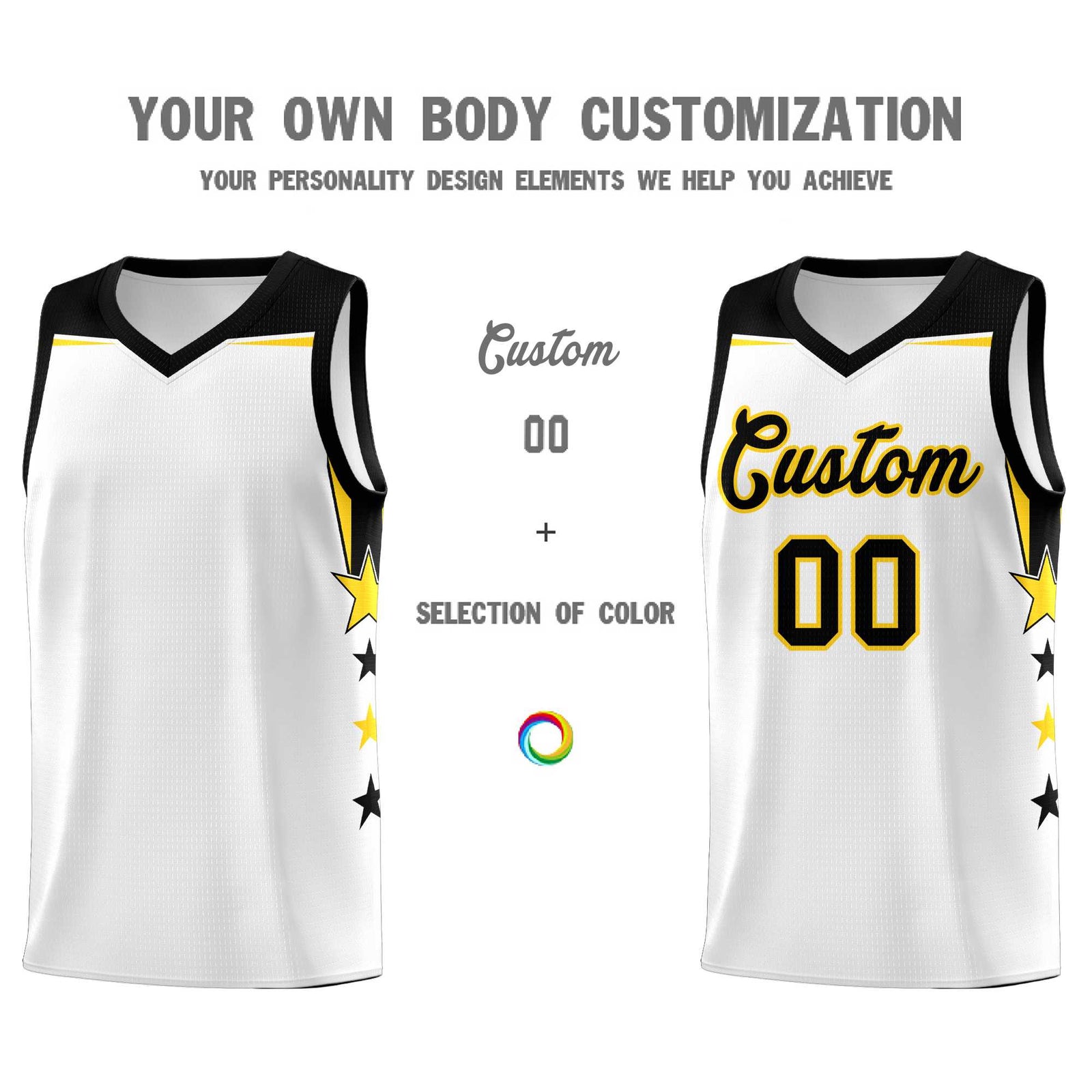 Custom Youth Basketball Uniform White Black Two Tone Side Star Color Block Team Jersey