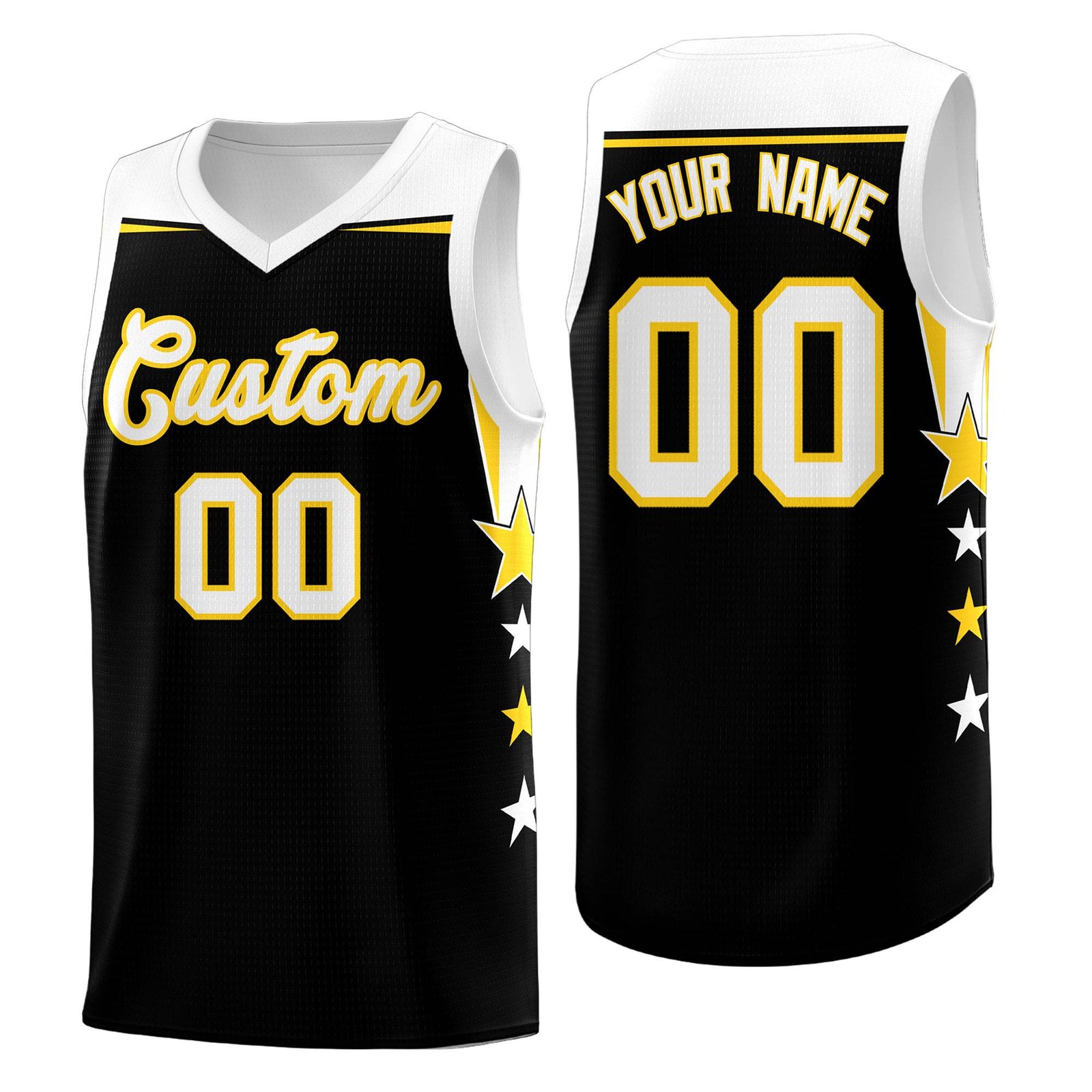 Custom Youth Basketball Uniform Black White Two Tone Side Star Add Name Number & Logo