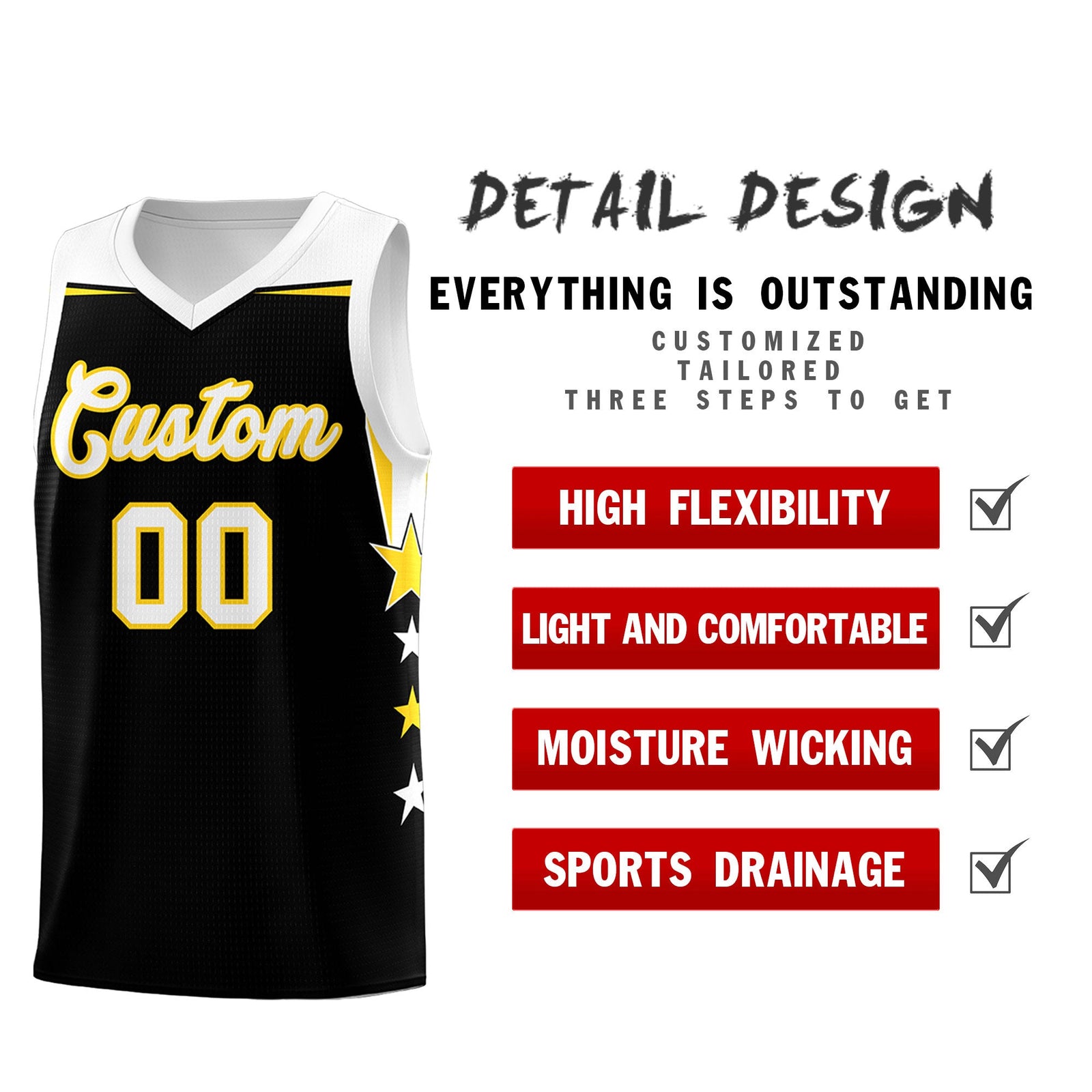Custom Youth Basketball Uniform Black White Two Tone Side Star Add Name Number & Logo