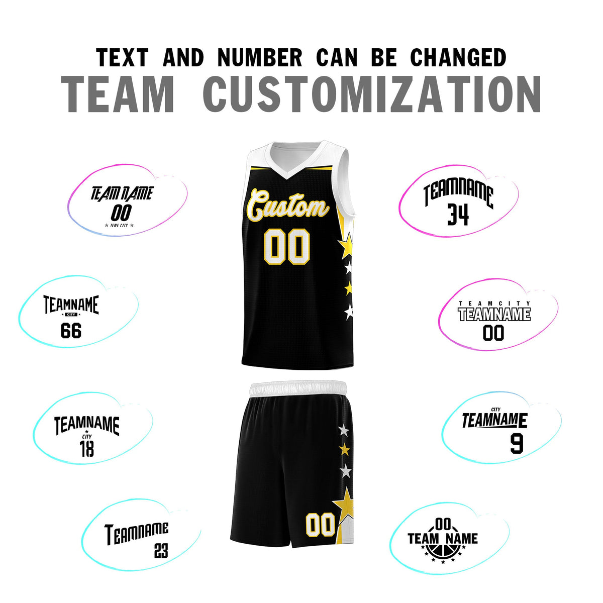 Custom Youth Basketball Uniform Black White Two Tone Side Star Add Name Number &amp; Logo