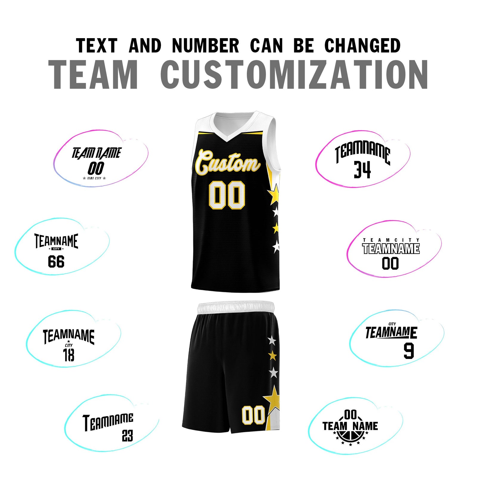 Custom Youth Basketball Uniform Black White Two Tone Side Star Add Name Number & Logo