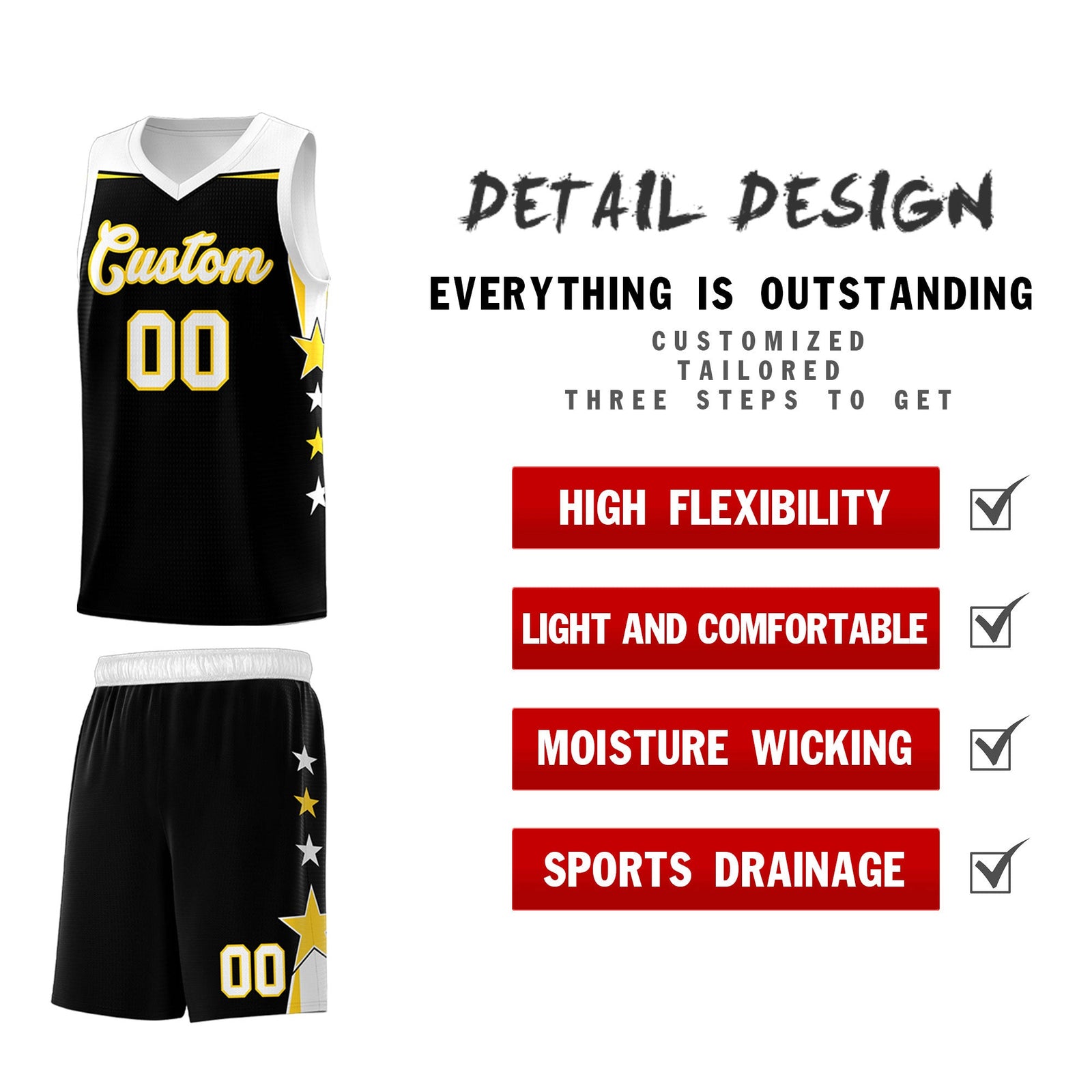 Custom Youth Basketball Uniform Black White Two Tone Side Star Add Name Number & Logo