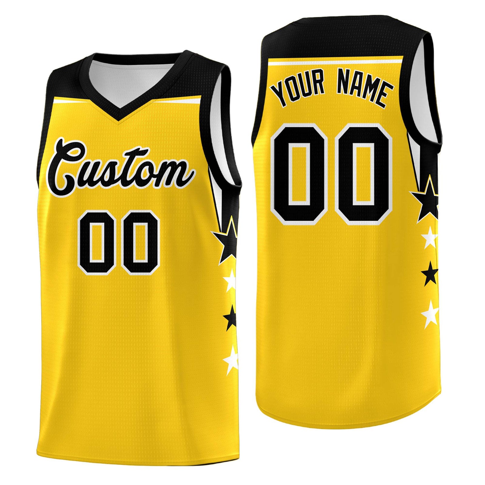 Custom Youth Basketball Uniform Gold Black Two Tone Side Star Personalized Team Jersey