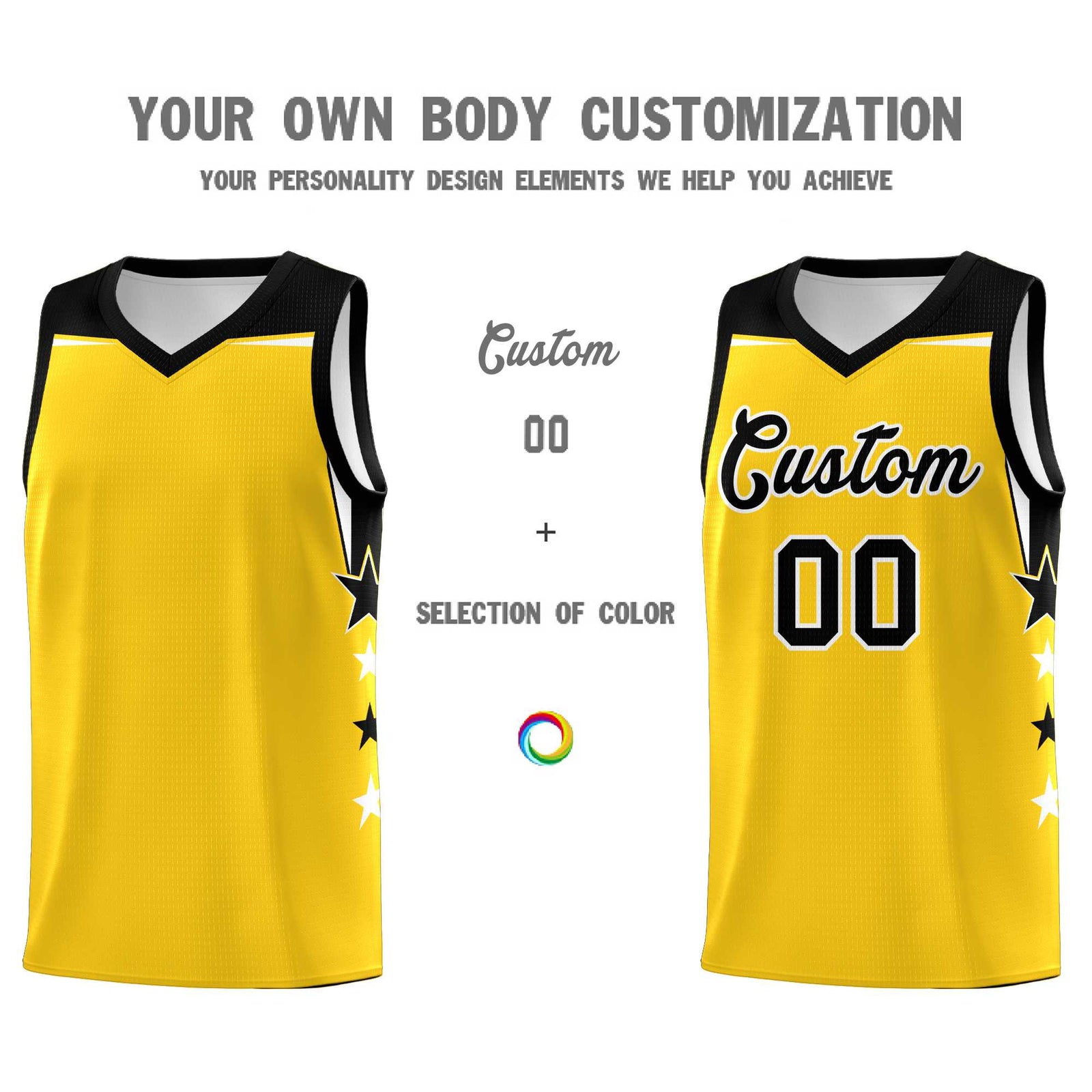 Custom Youth Basketball Uniform Gold Black Two Tone Side Star Personalized Team Jersey