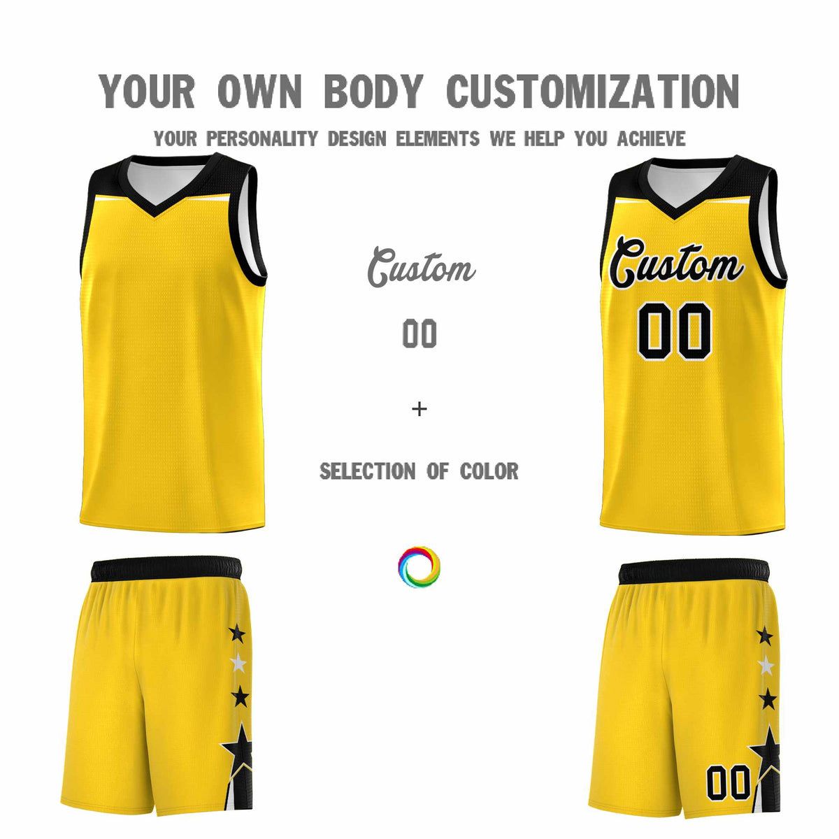 Custom Youth Basketball Uniform Gold Black Two Tone Side Star Personalized Team Jersey
