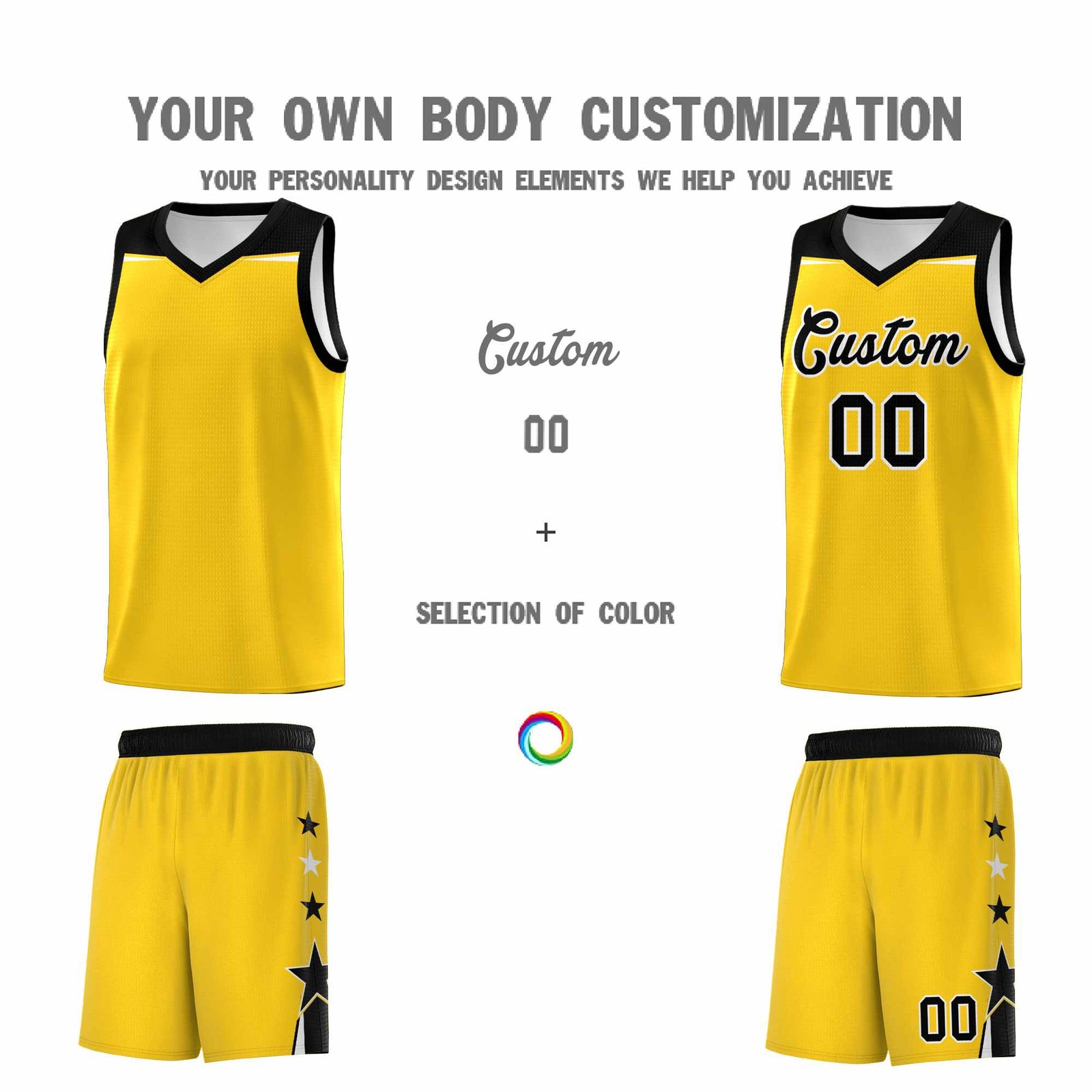 Custom Youth Basketball Uniform Gold Black Two Tone Side Star Personalized Team Jersey