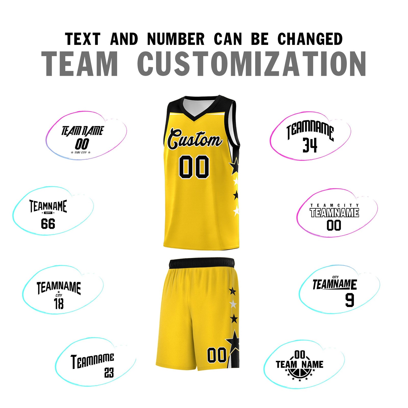 Custom Youth Basketball Uniform Gold Black Two Tone Side Star Personalized Team Jersey