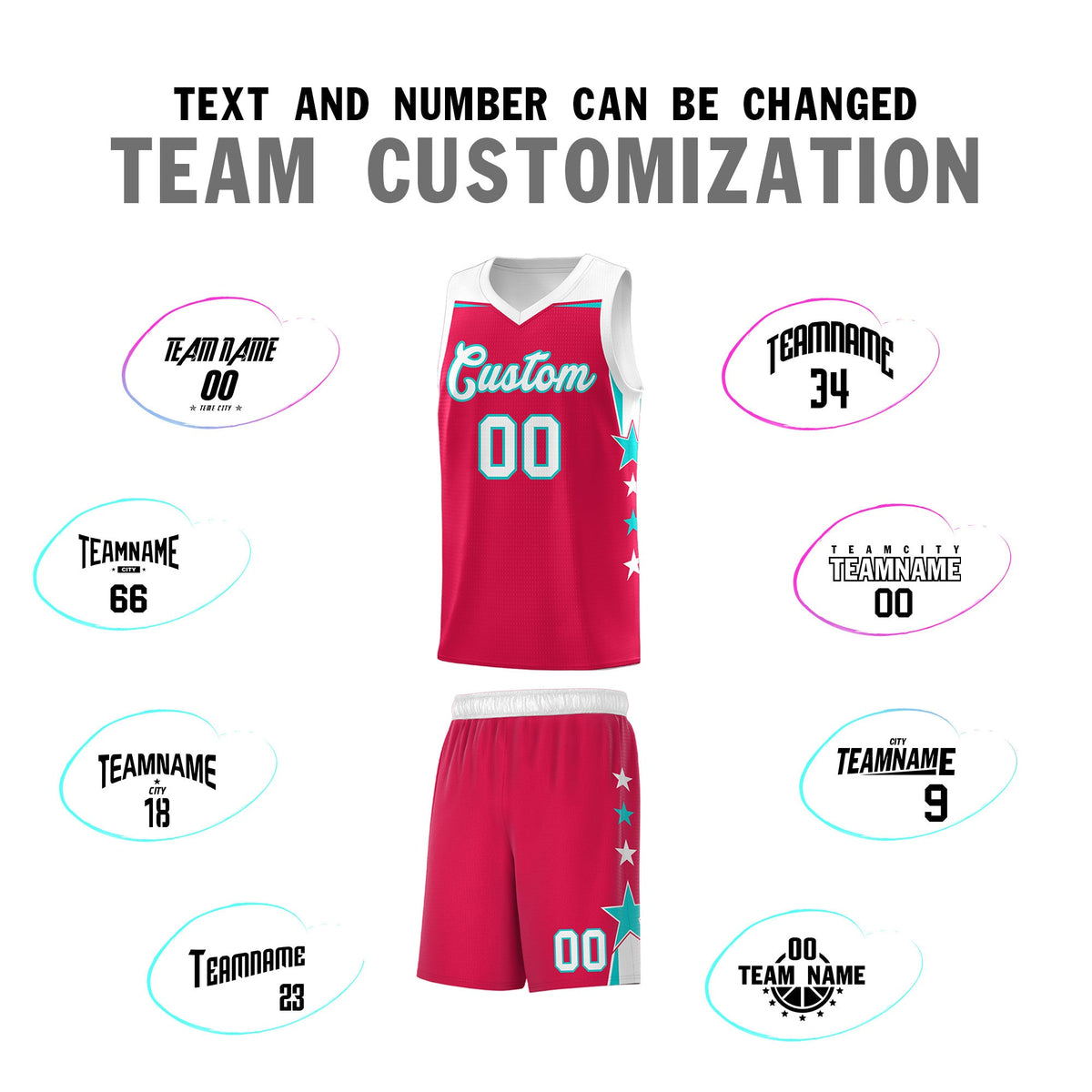 Custom Youth Basketball Uniform Red White Two Tone Side Star Add Name Number &amp; Logo
