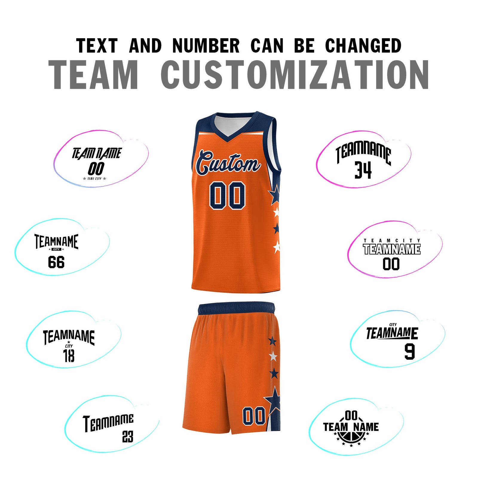 Custom Youth Basketball Uniform Orange Navy Two Tone Side Star Personalized Team Jersey