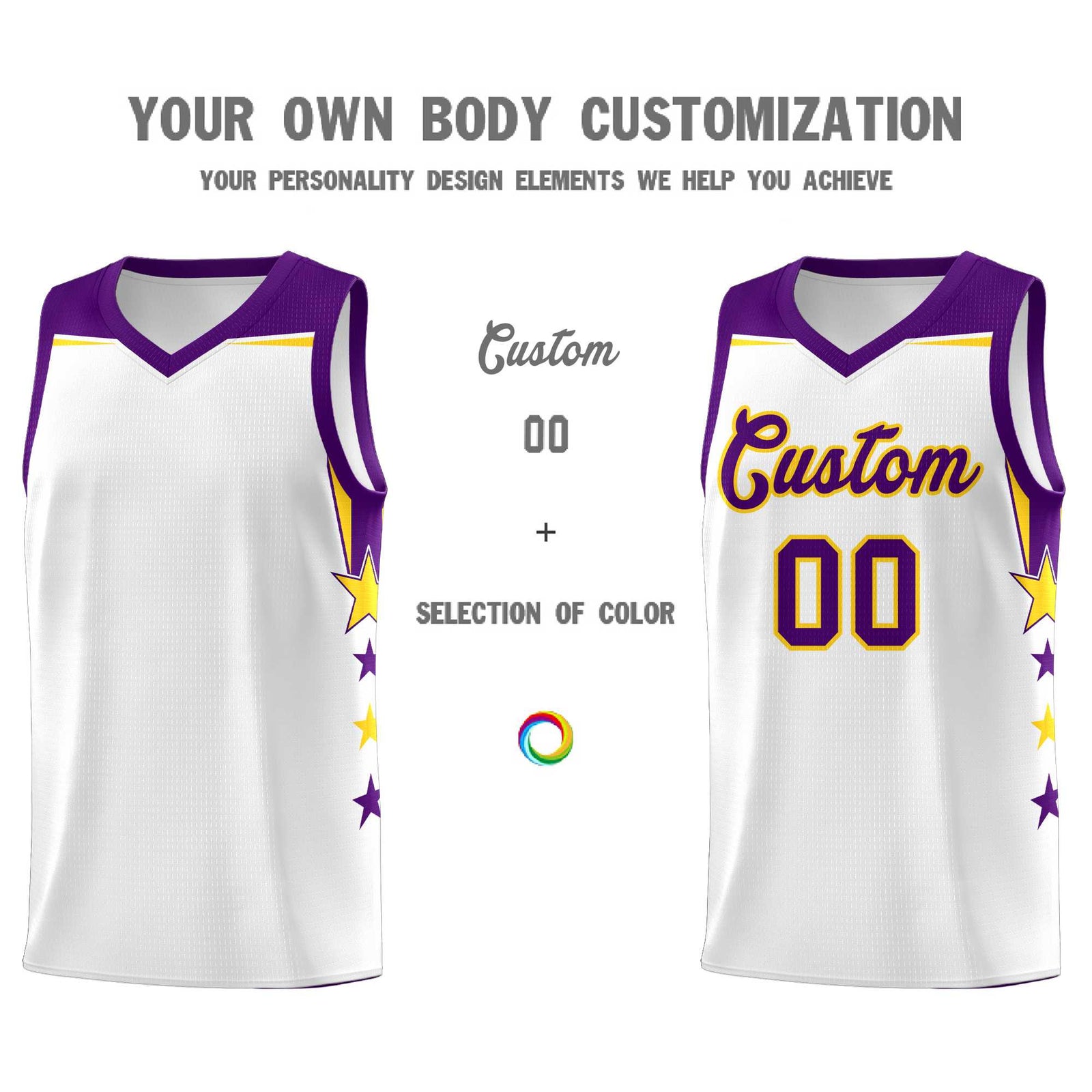 Custom Youth Basketball Uniform White Purple Two Tone Side Star Color Block Team Jersey