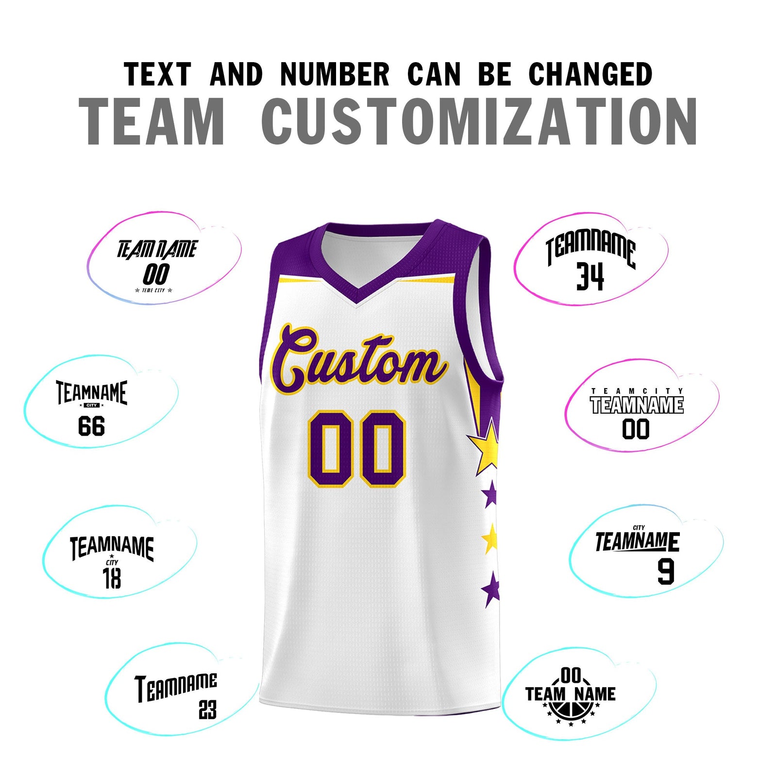 Custom Youth Basketball Uniform White Purple Two Tone Side Star Color Block Team Jersey