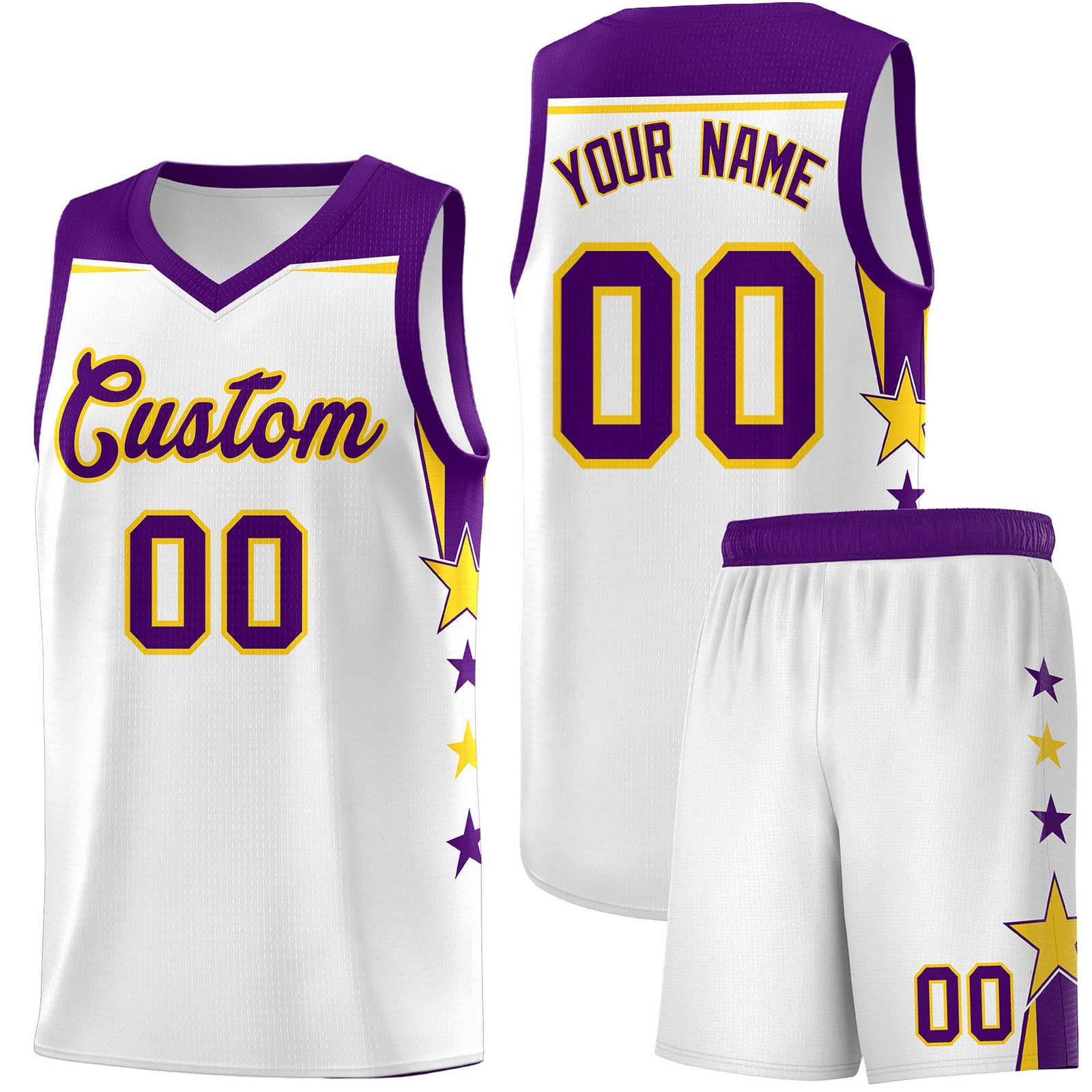 Custom Youth Basketball Uniform White Purple Two Tone Side Star Color Block Team Jersey