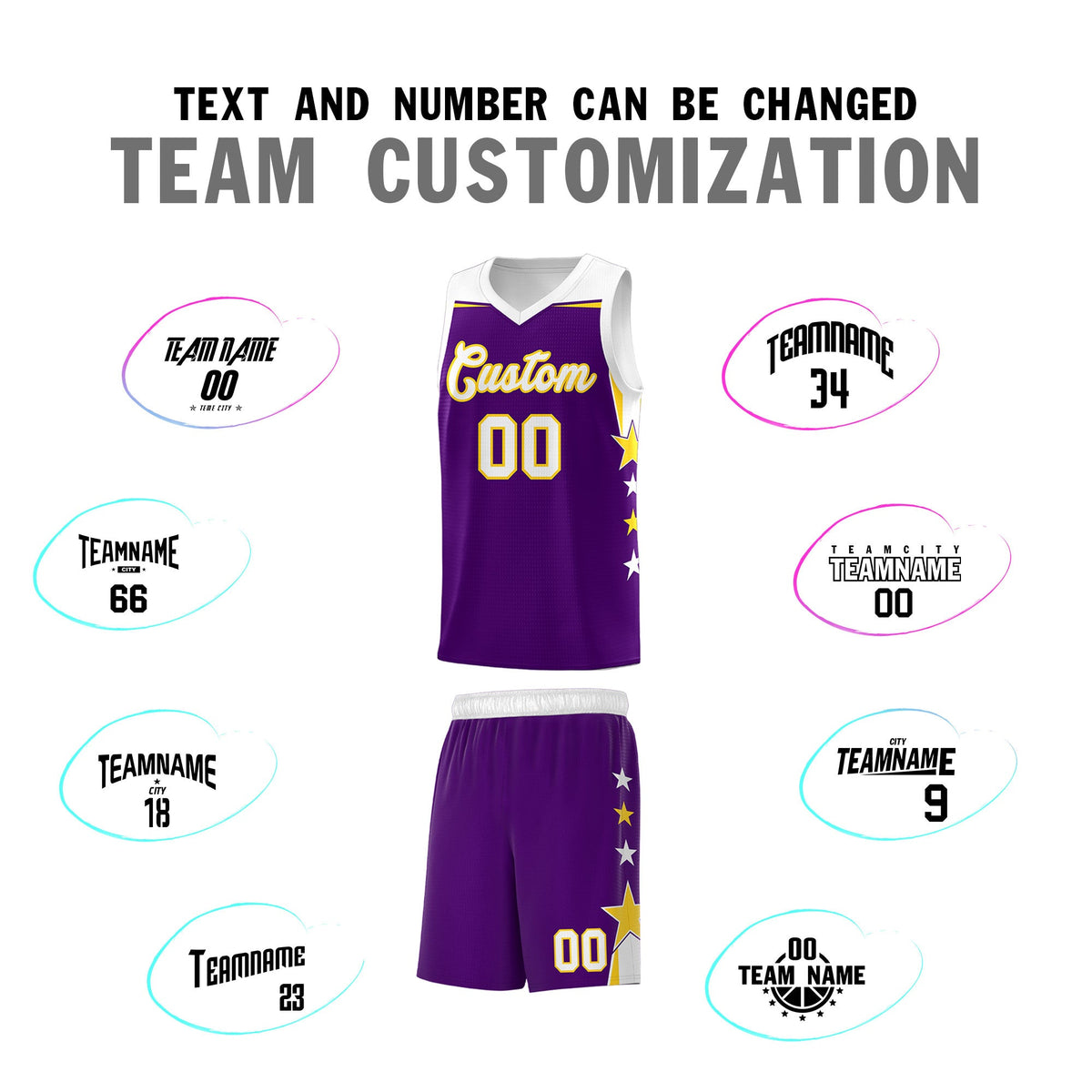 Custom Youth Basketball Uniform Purple White Two Tone Side Star Add Name Number &amp; Logo