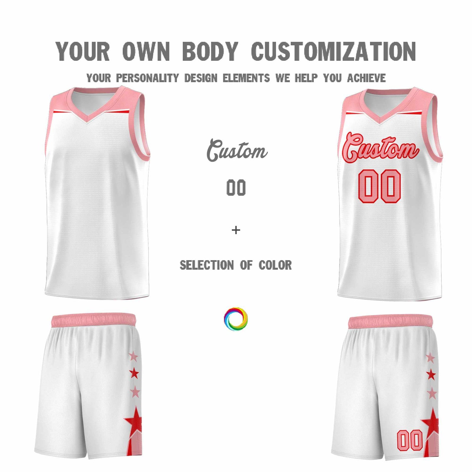 Custom Youth Basketball Uniform White Light Pink Two Tone Side Star Color Block Team Jersey