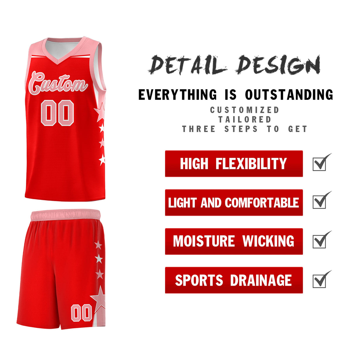 Custom Youth Basketball Uniform Light Red Light Pink Two Tone Side Star Personalized Team Jersey