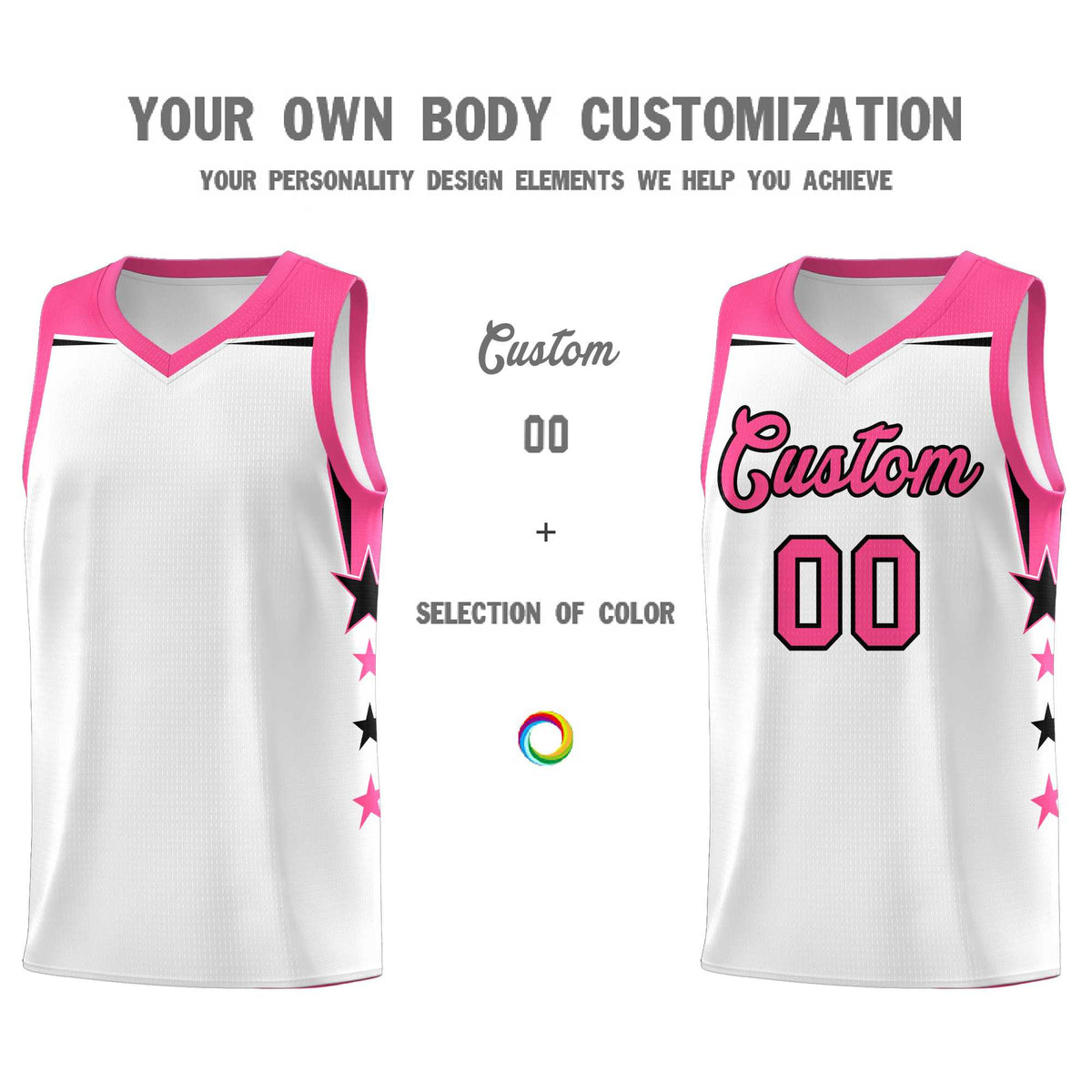 Custom Youth Basketball Uniform White Pink Two Tone Side Star Color Block Team Jersey