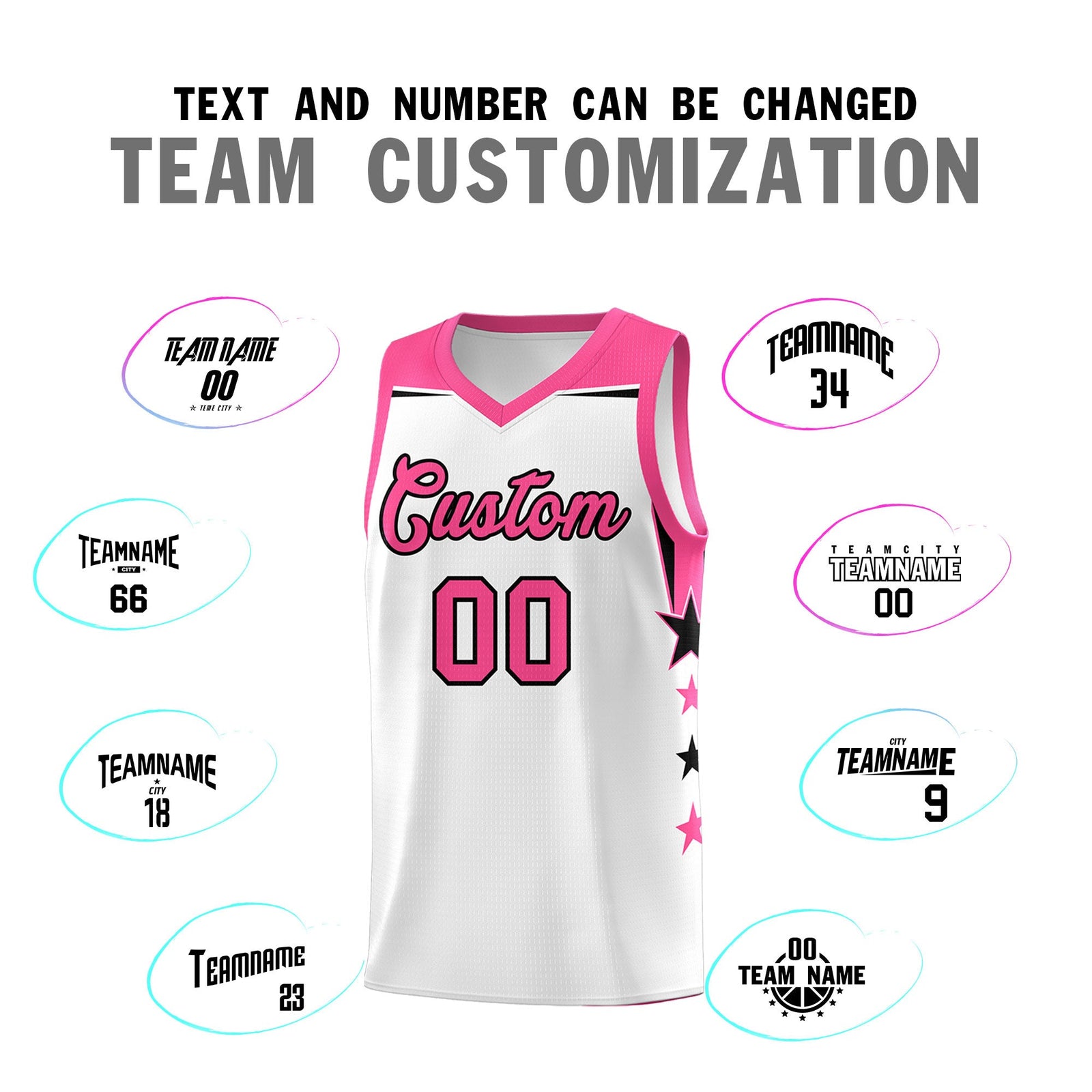 Custom Youth Basketball Uniform White Pink Two Tone Side Star Color Block Team Jersey